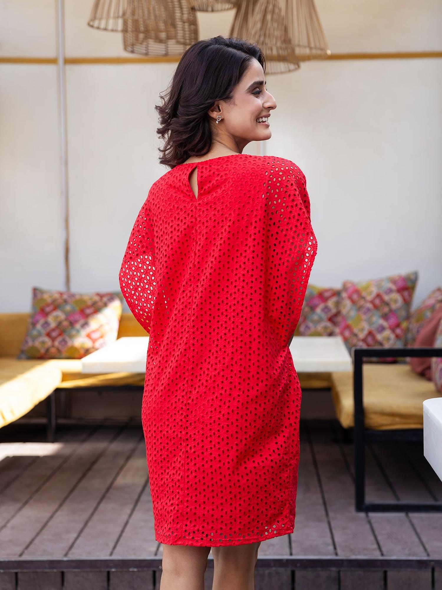 RED SCHIFFLY CAPE DRESS