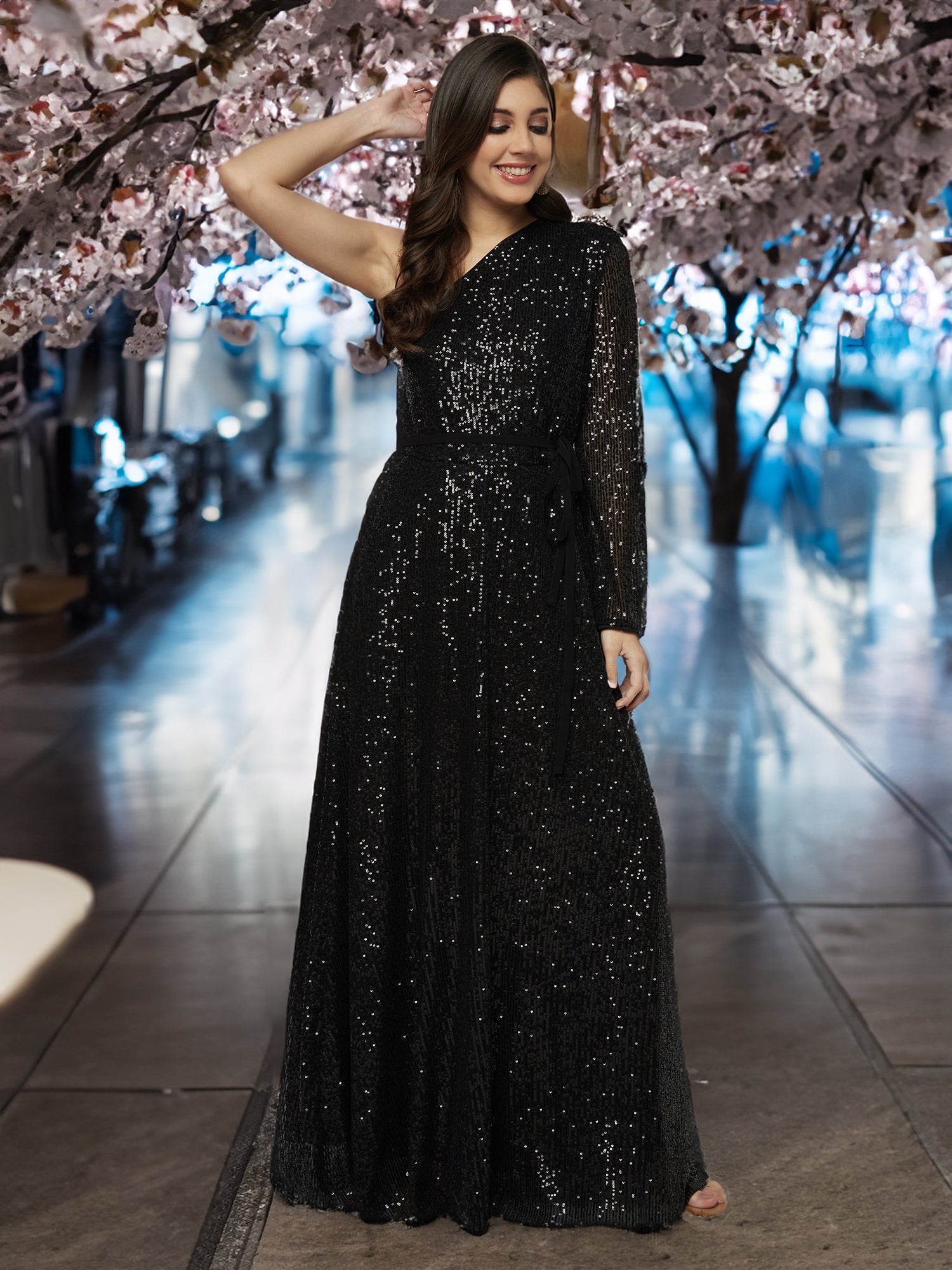 OFF SHOULDER BLACK ON BLACK SEQUIN GOWN