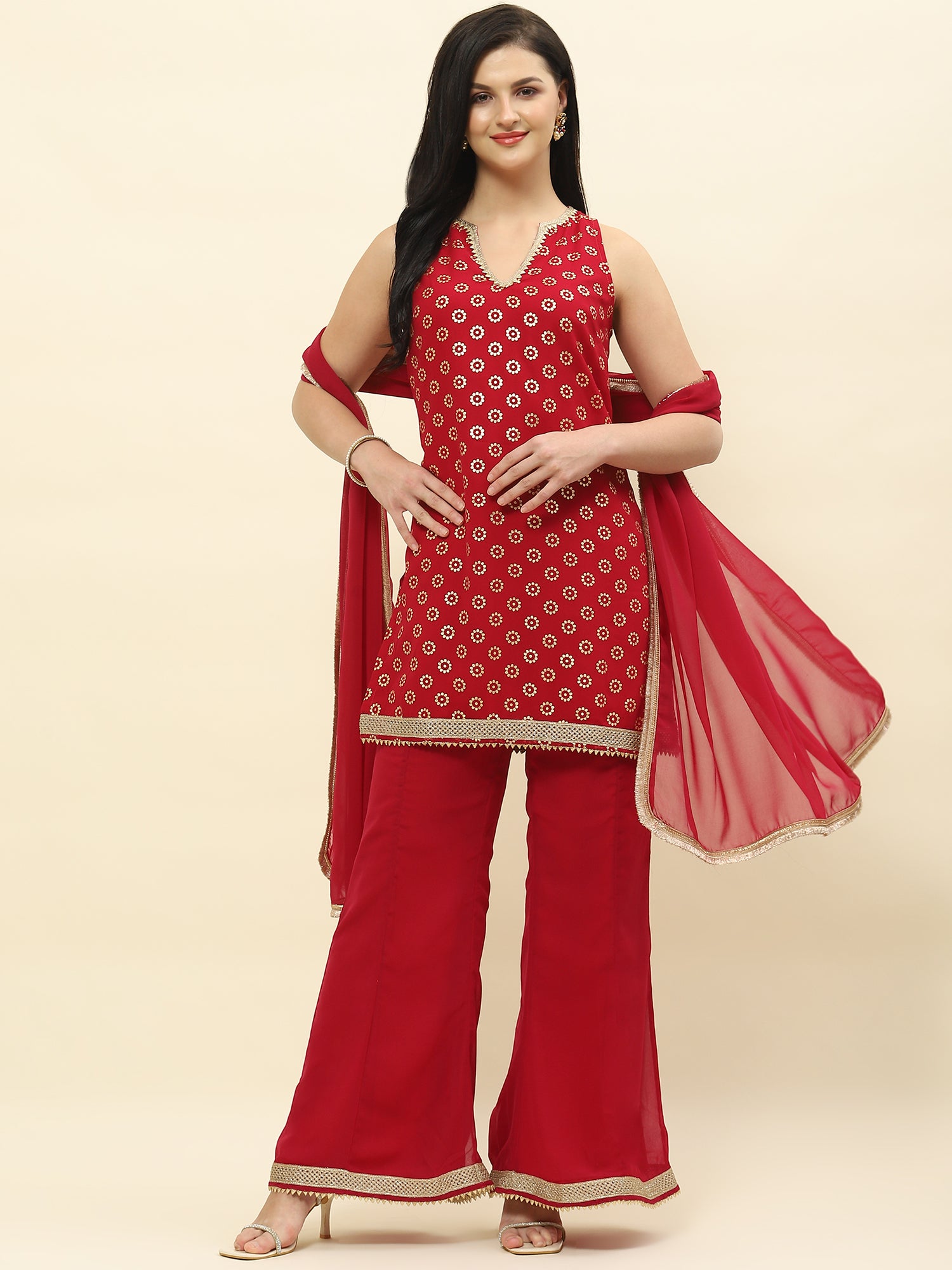 Red foil printed ggt kurta set