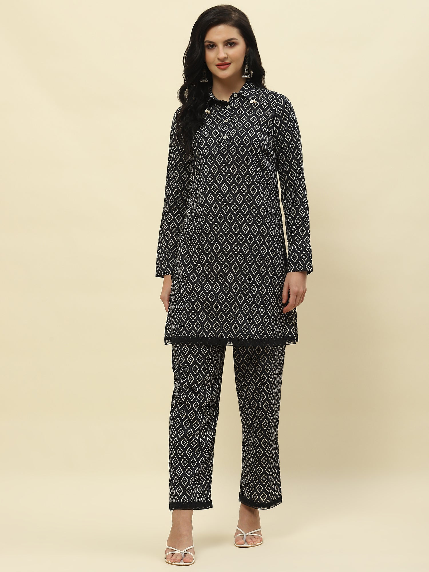 Black cotton ikkat printed co-ord set