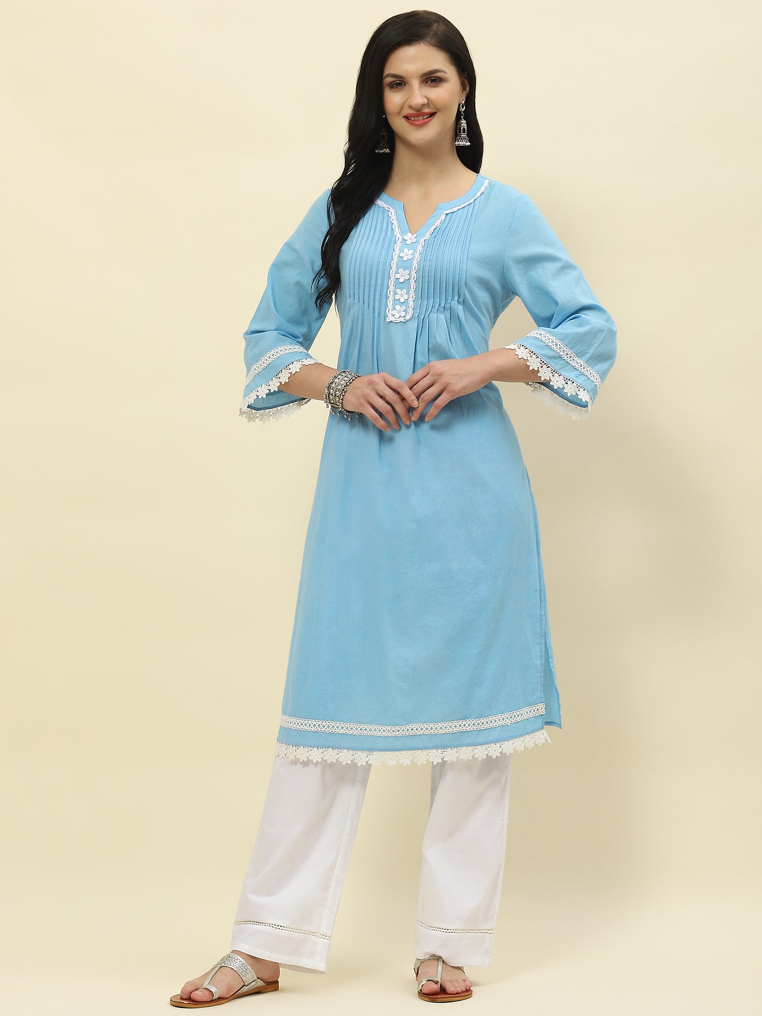 Blue laced pleated kurta set