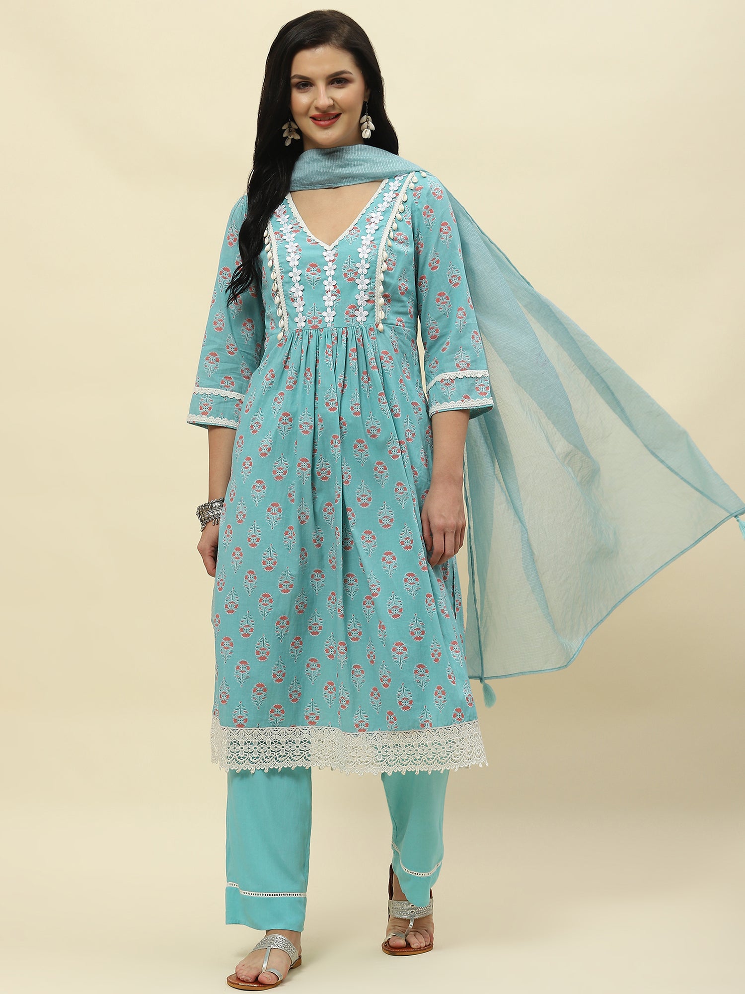 Green floral printed lace detail kurta set