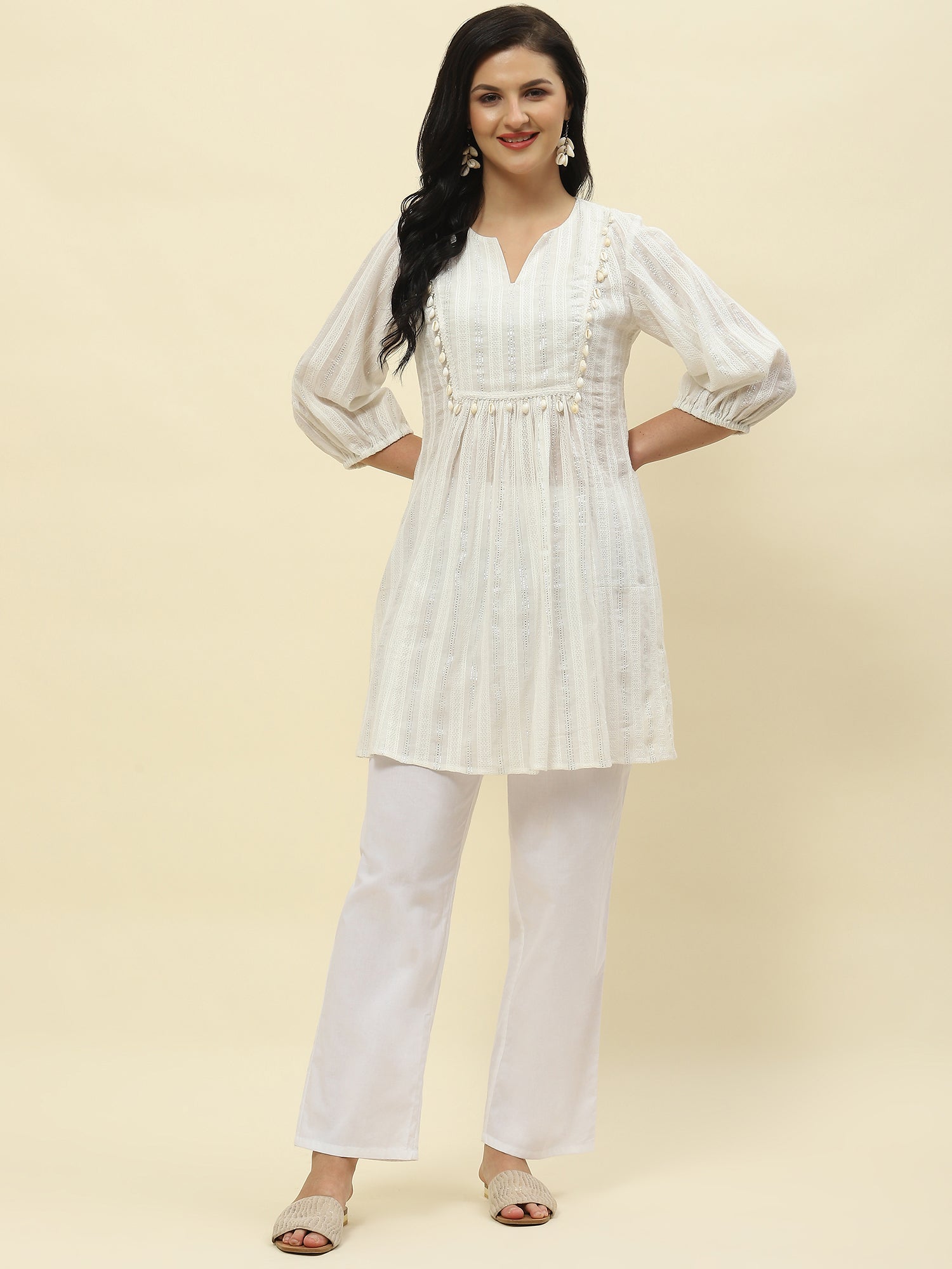 Ivory cotton lurex flared co-ord set