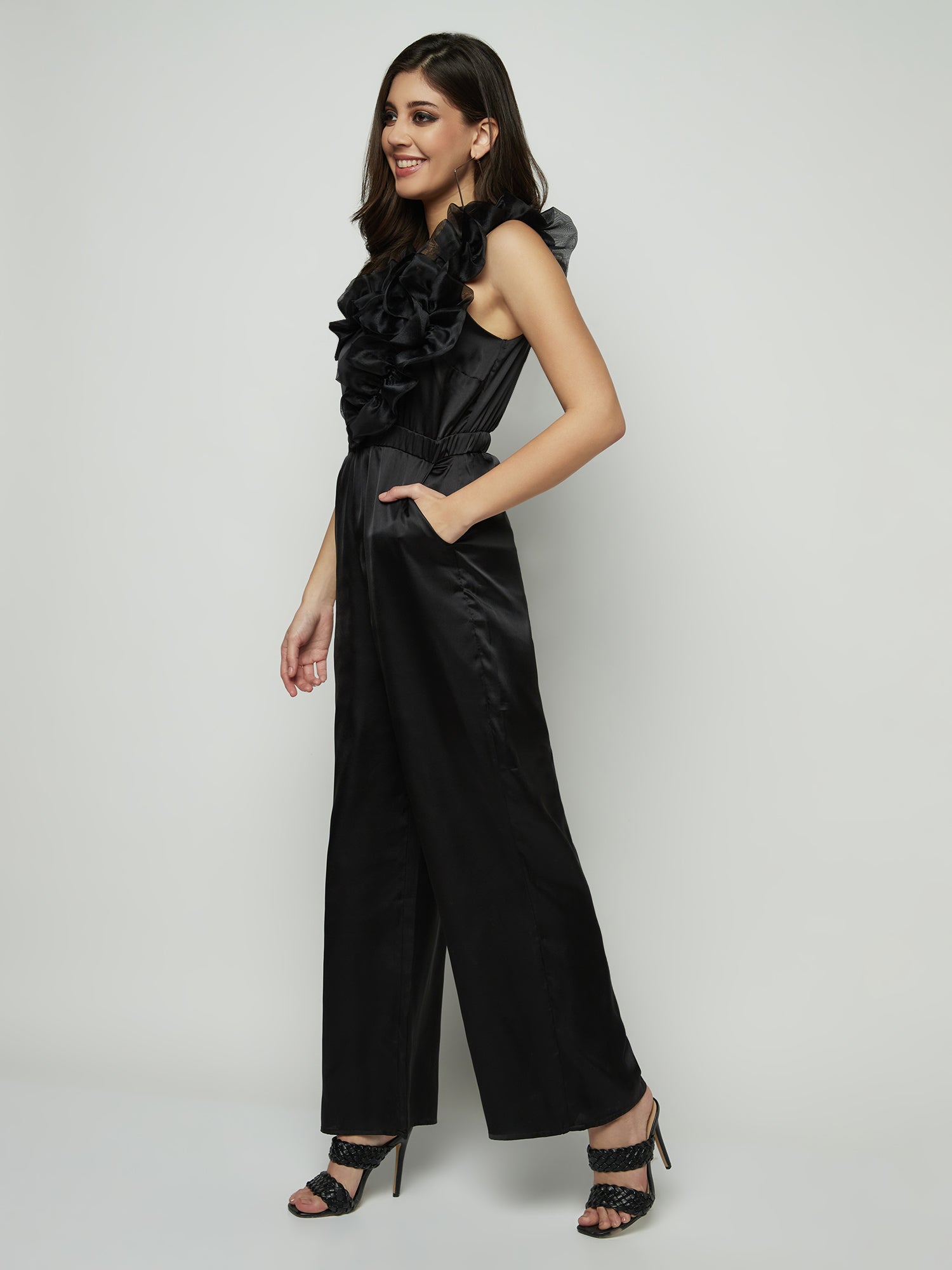 SOLID BLACK RUFFLE WINTER JUMPSUIT