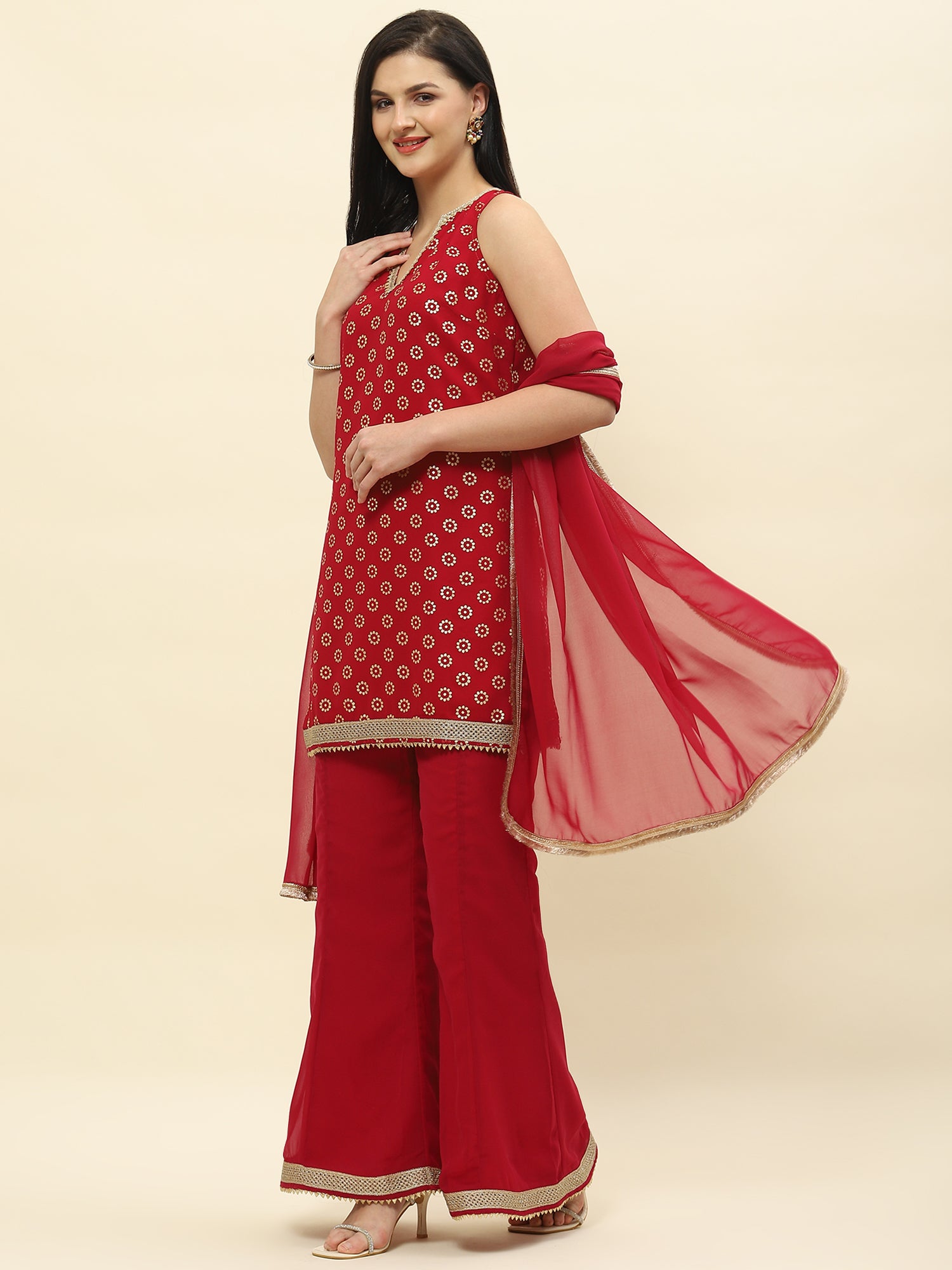 Red foil printed ggt kurta set