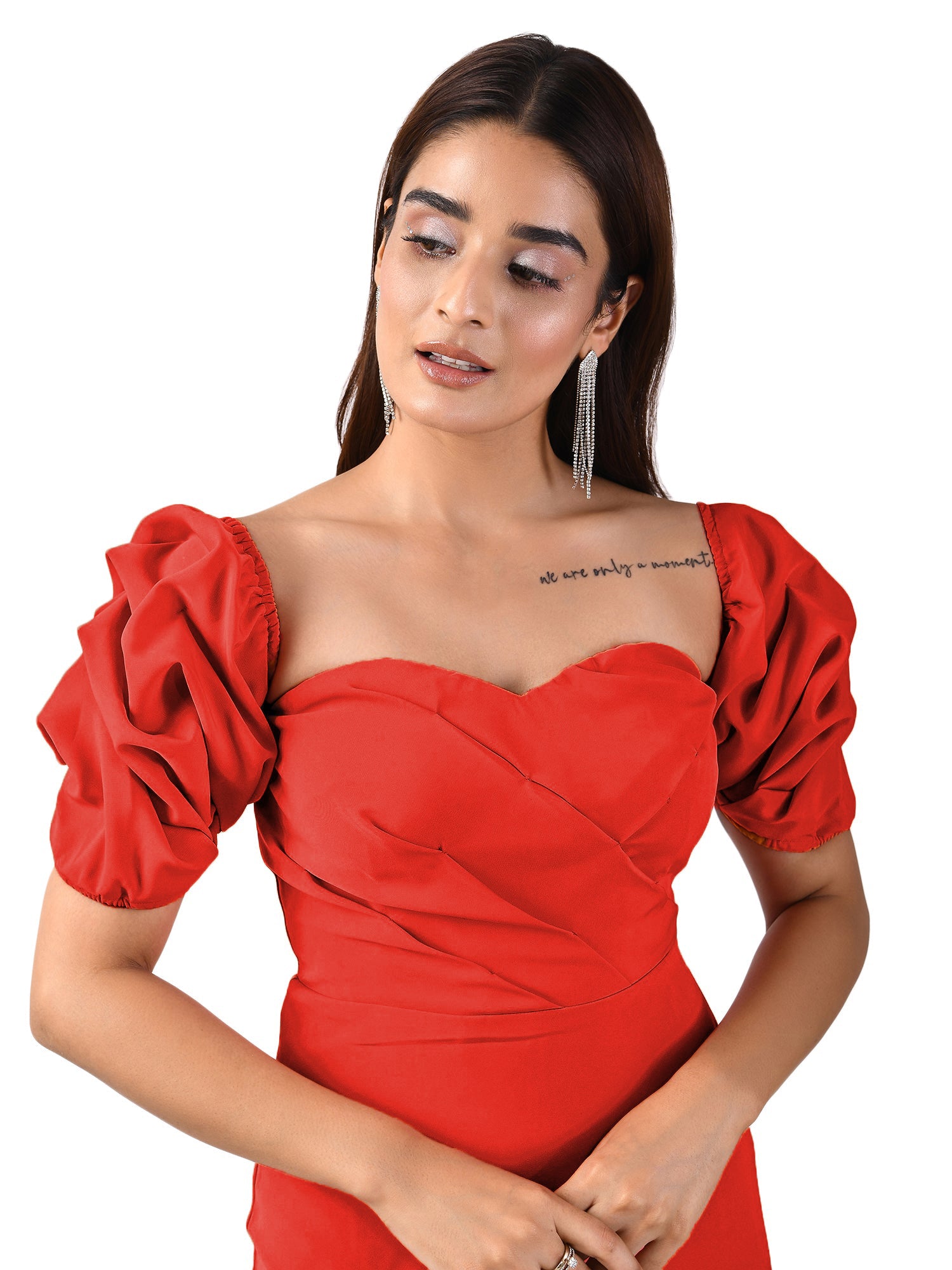 Red Squesh Balloon Ruffle Sleeve Dress