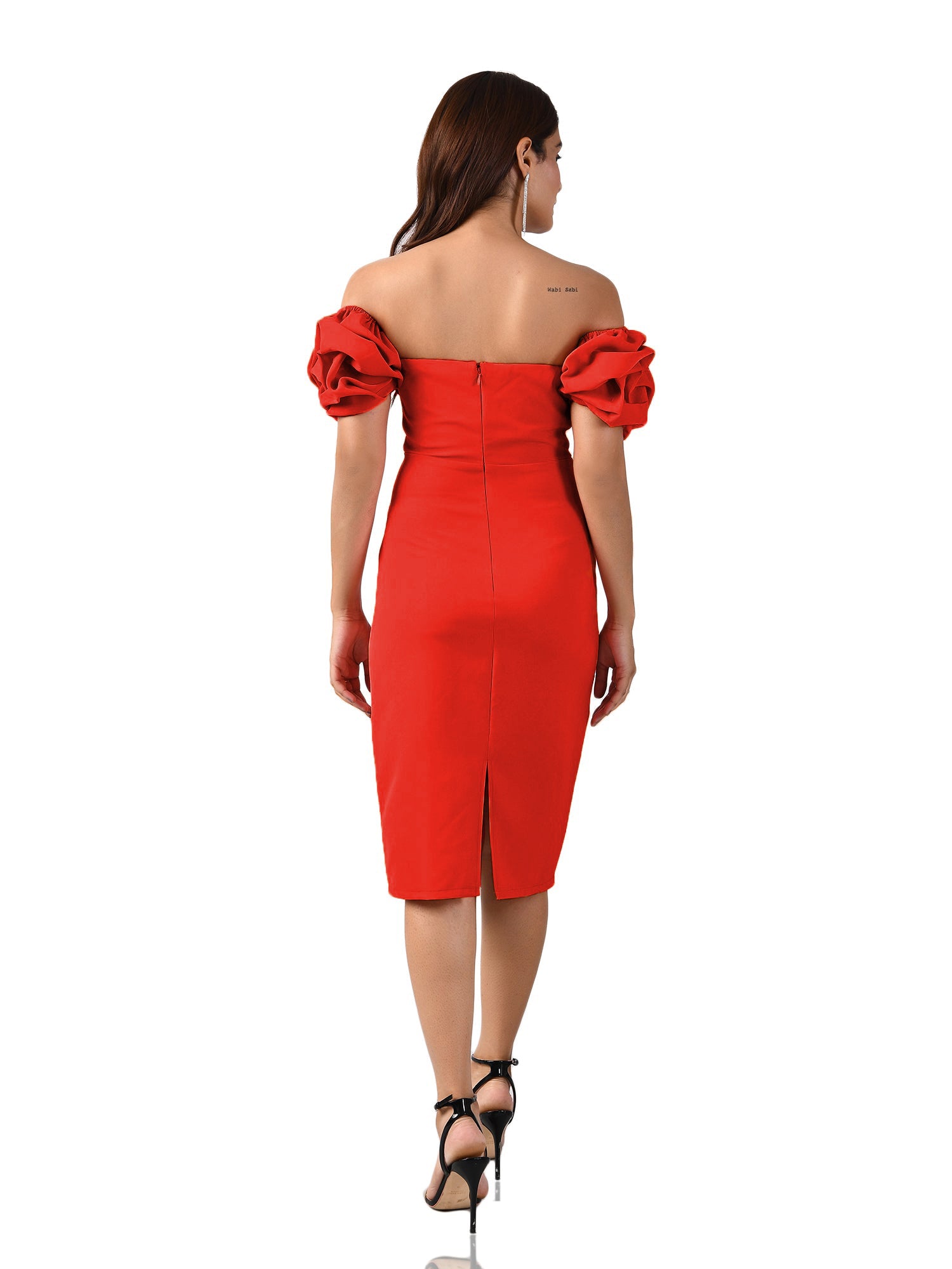 Red Squesh Balloon Ruffle Sleeve Dress