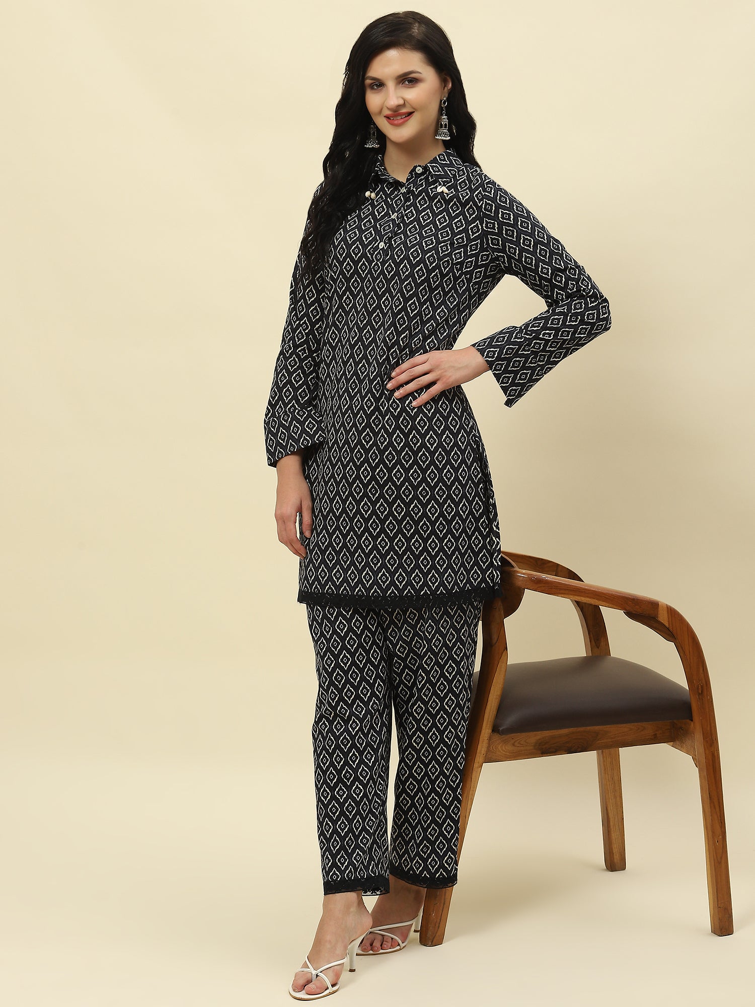 Black cotton ikkat printed co-ord set