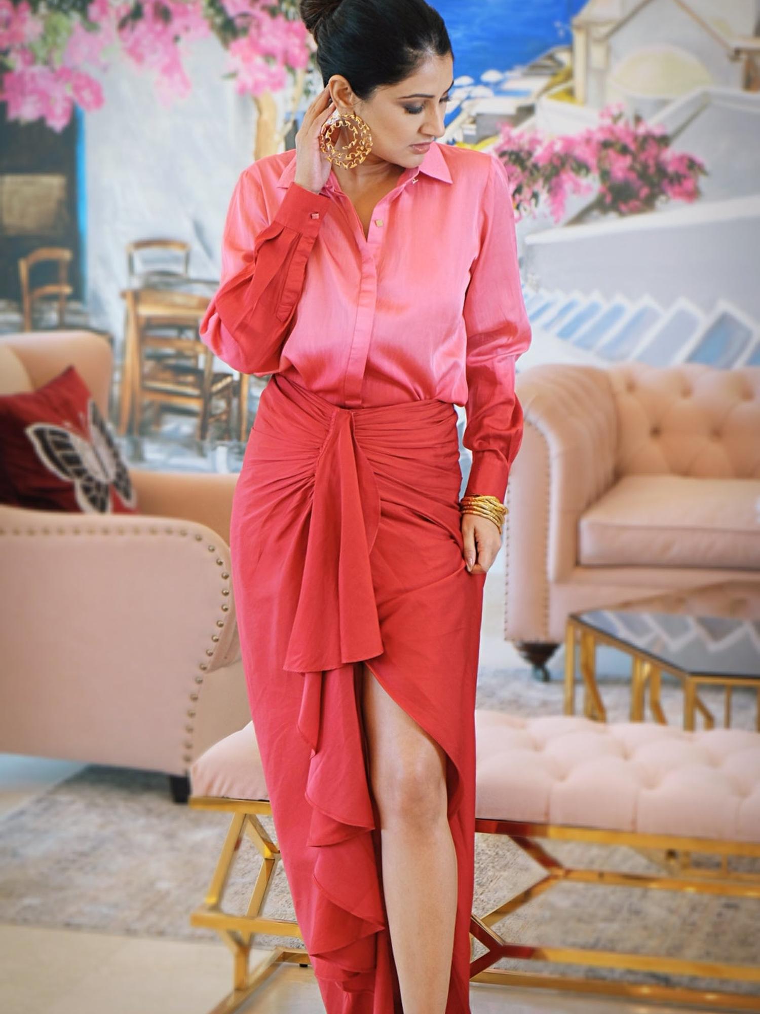 RED AND PINK DHOTI OMBRE SHIRT CO-ORD DRESS