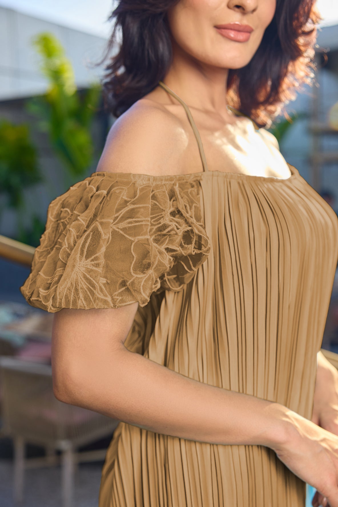 Beige Seraphic Off Shoulder Pleated Dress