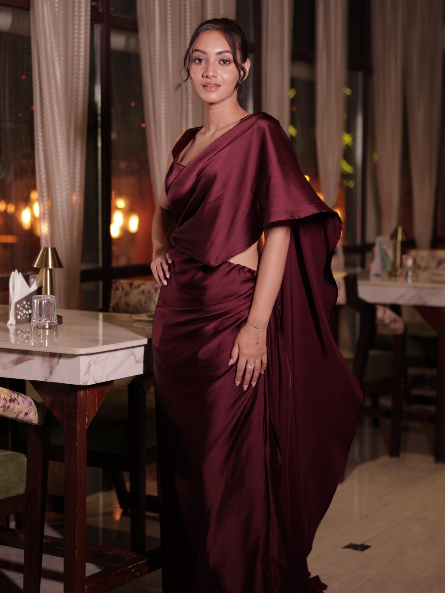 Pre-Drapped Wine Saree