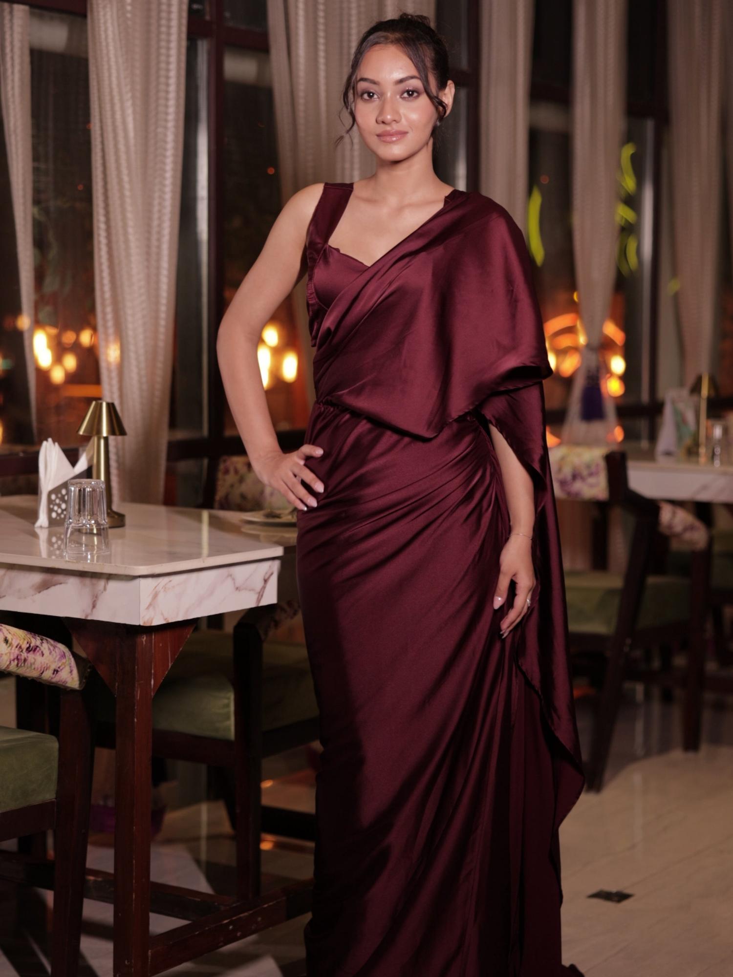 Pre-Drapped Wine Saree