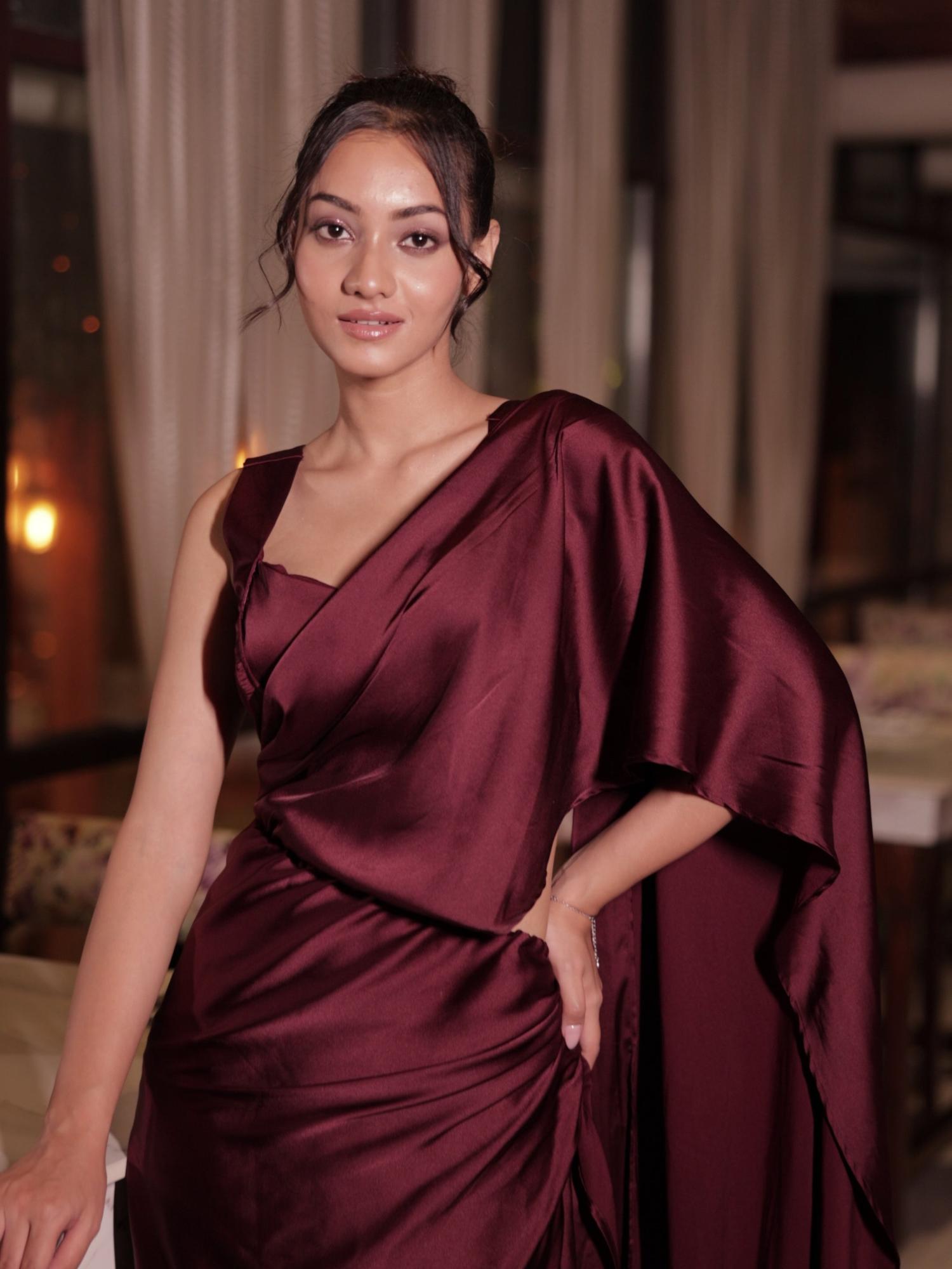 Pre-Drapped Wine Saree