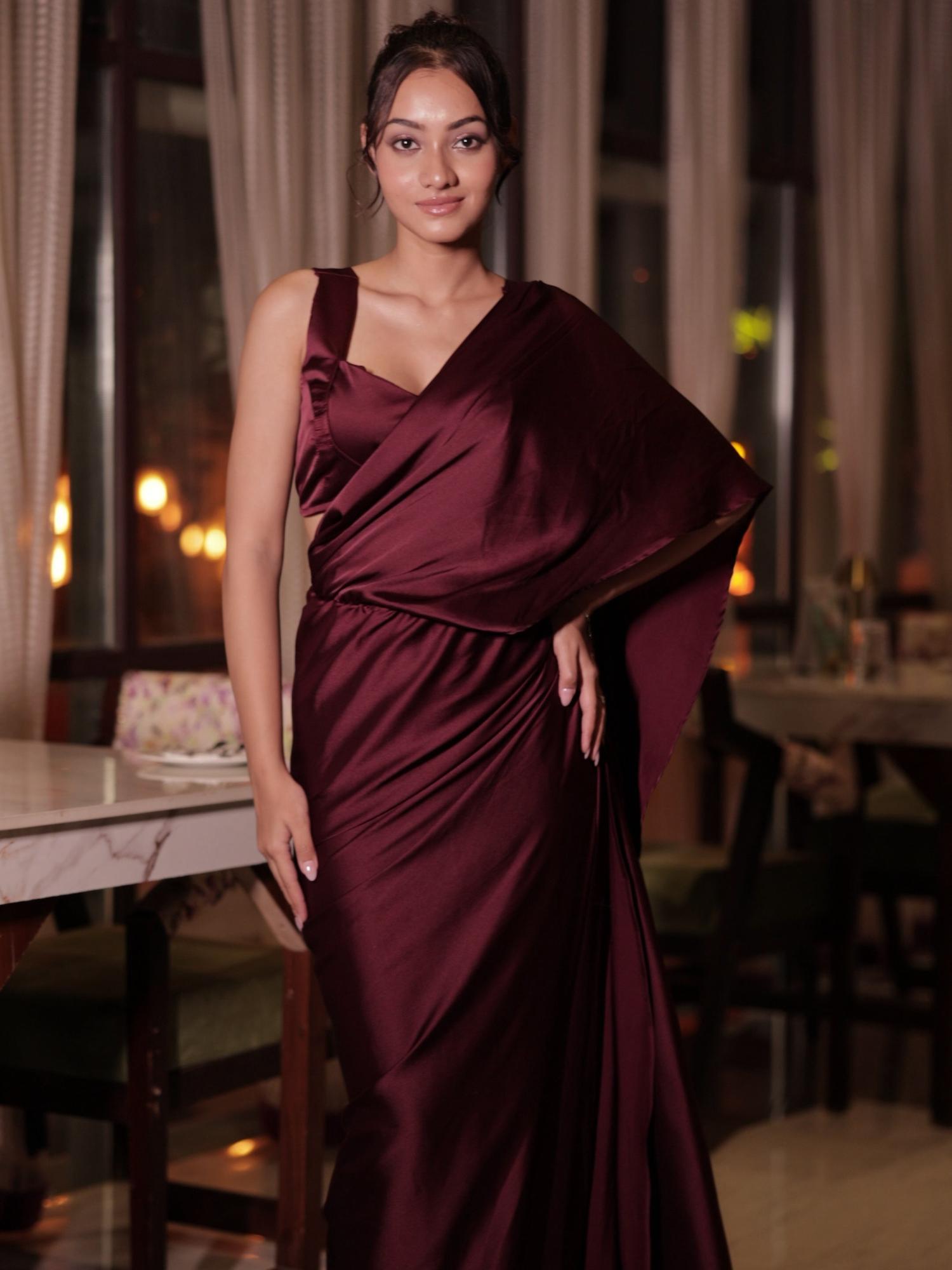 Pre-Drapped Wine Saree