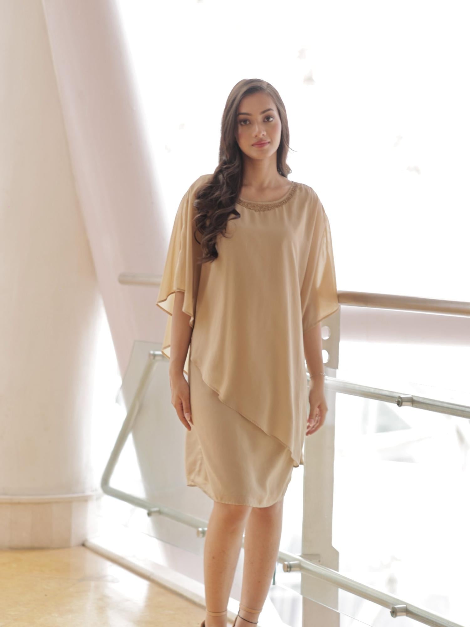 Popover Beige Dress With Neck Embellishment