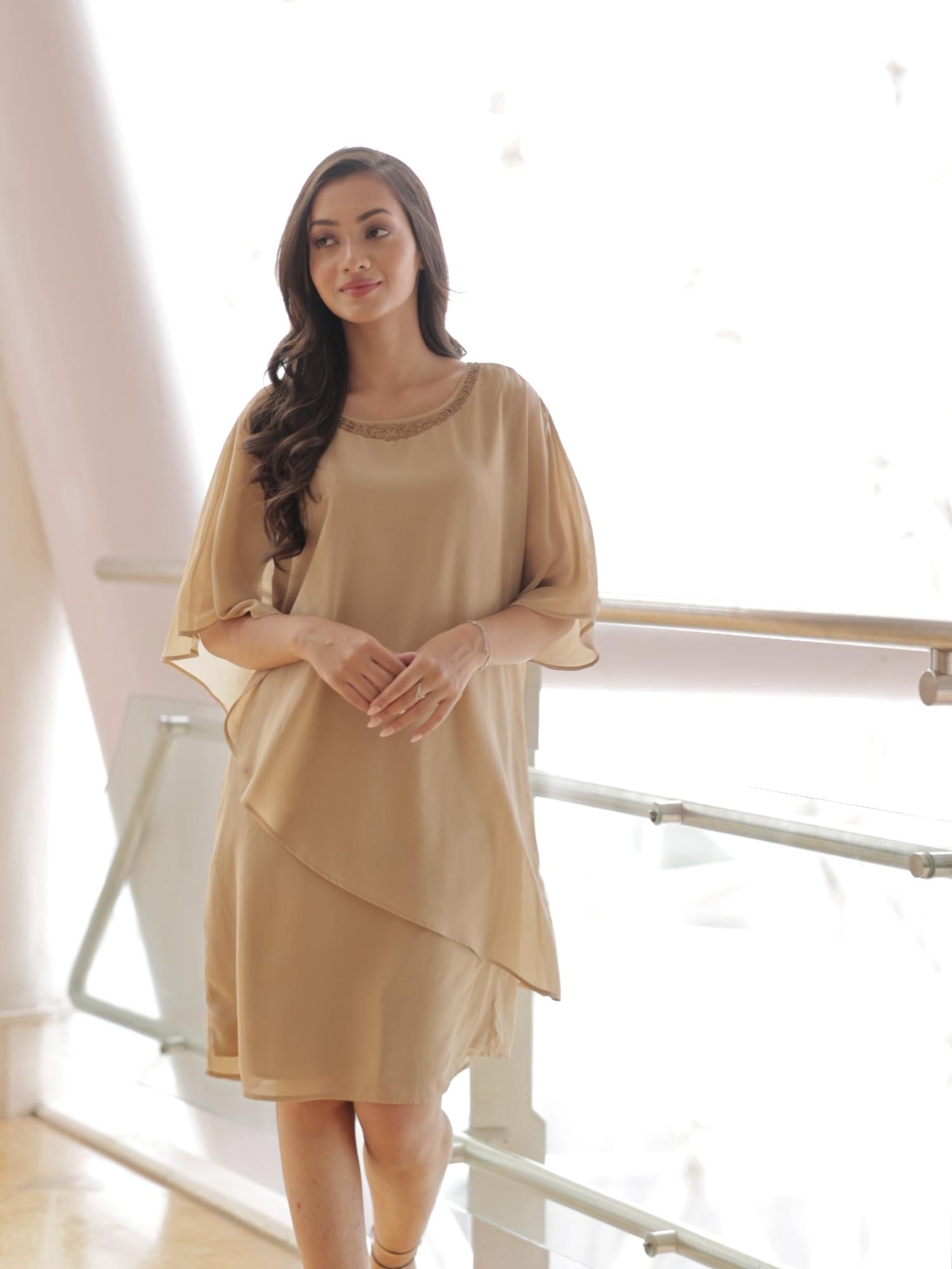 Popover Beige Dress With Neck Embellishment