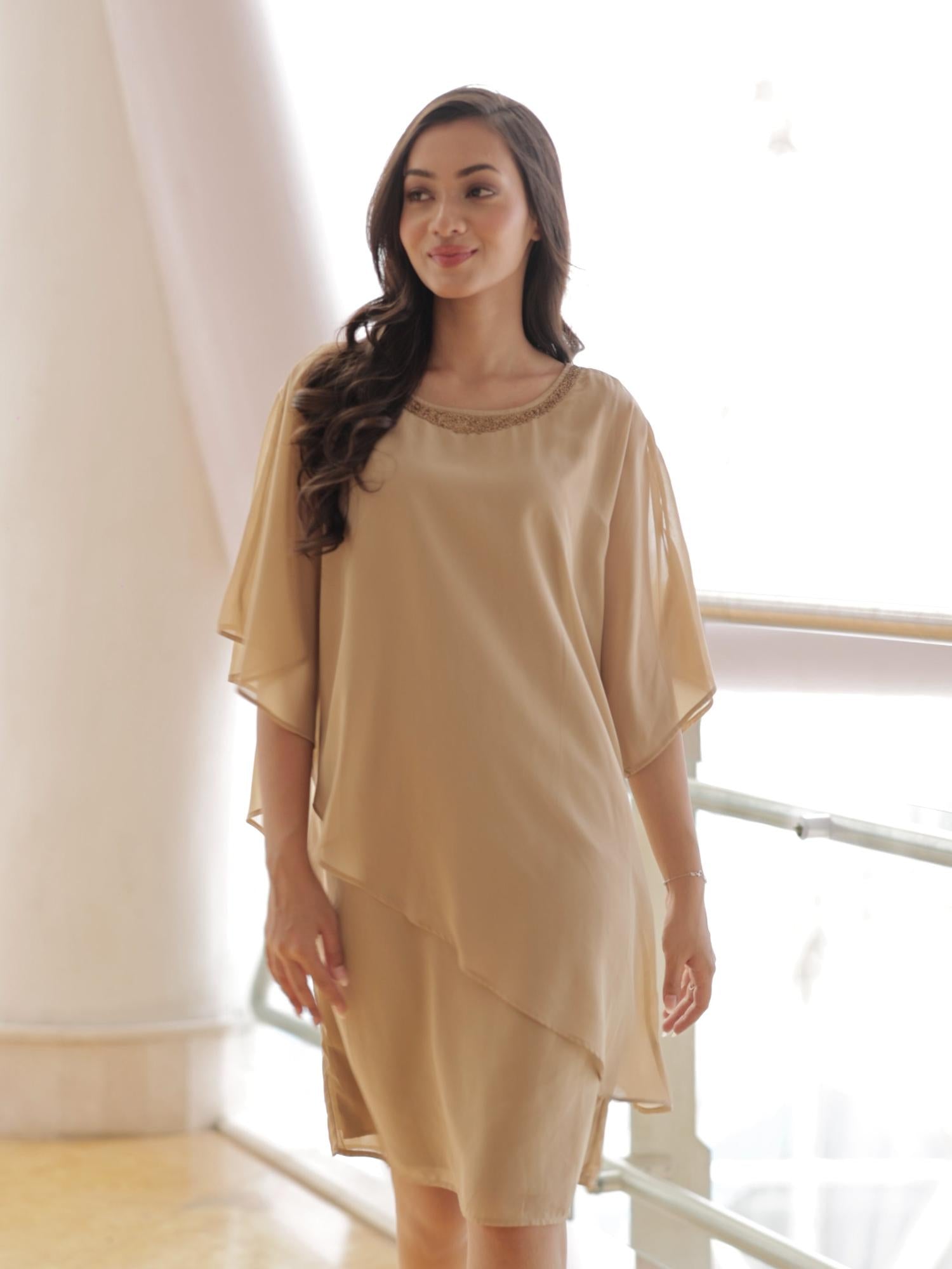 Popover Beige Dress With Neck Embellishment