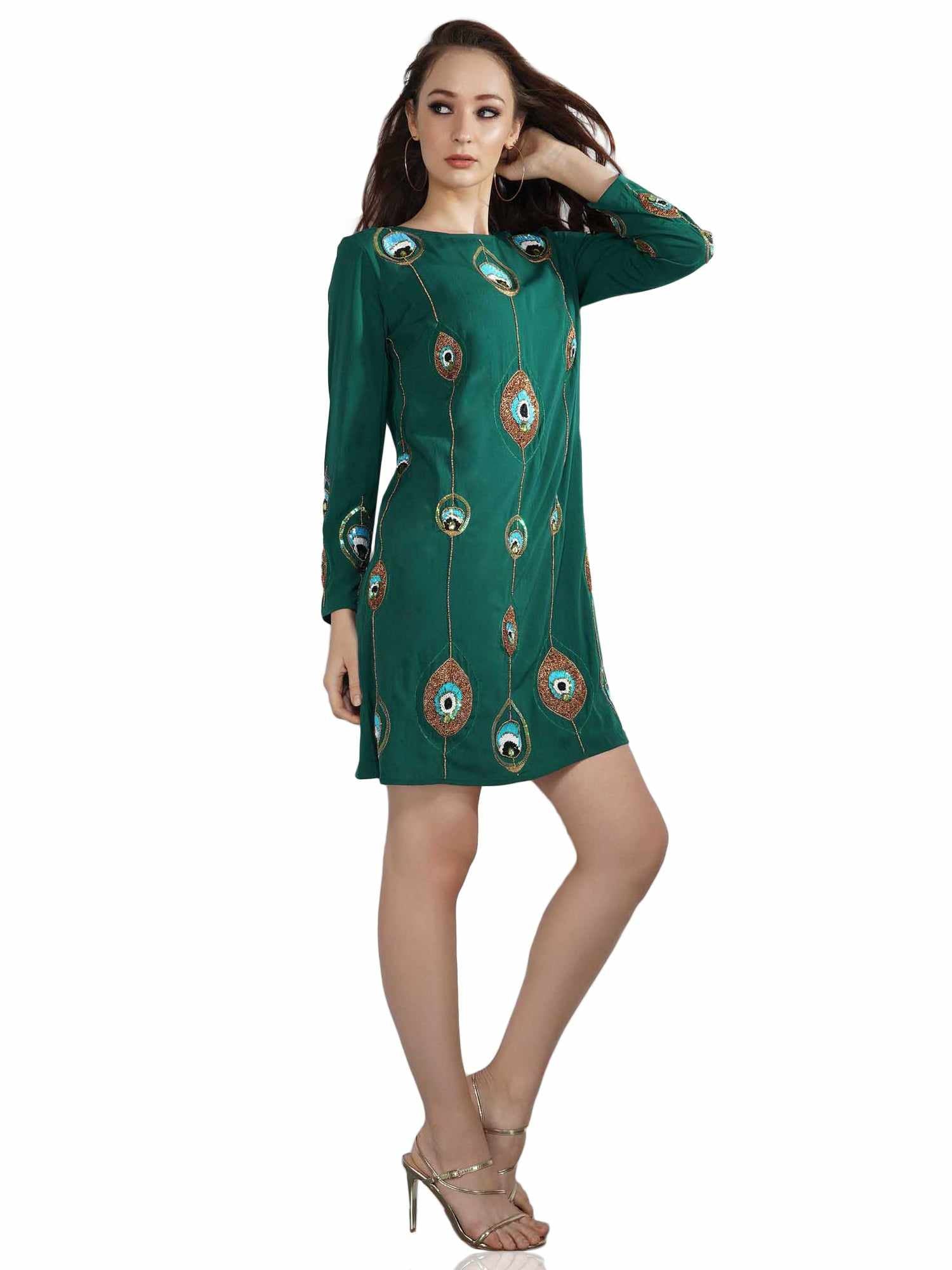 peacock feather embroidered dress