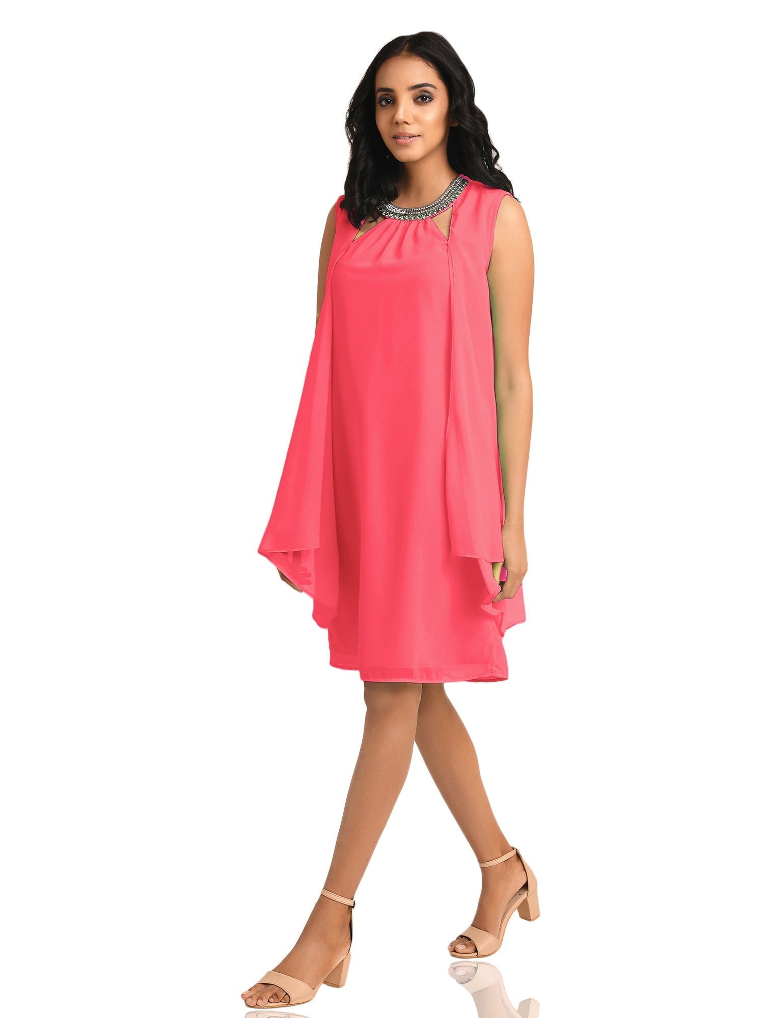 pink necklace cape sleeves dress