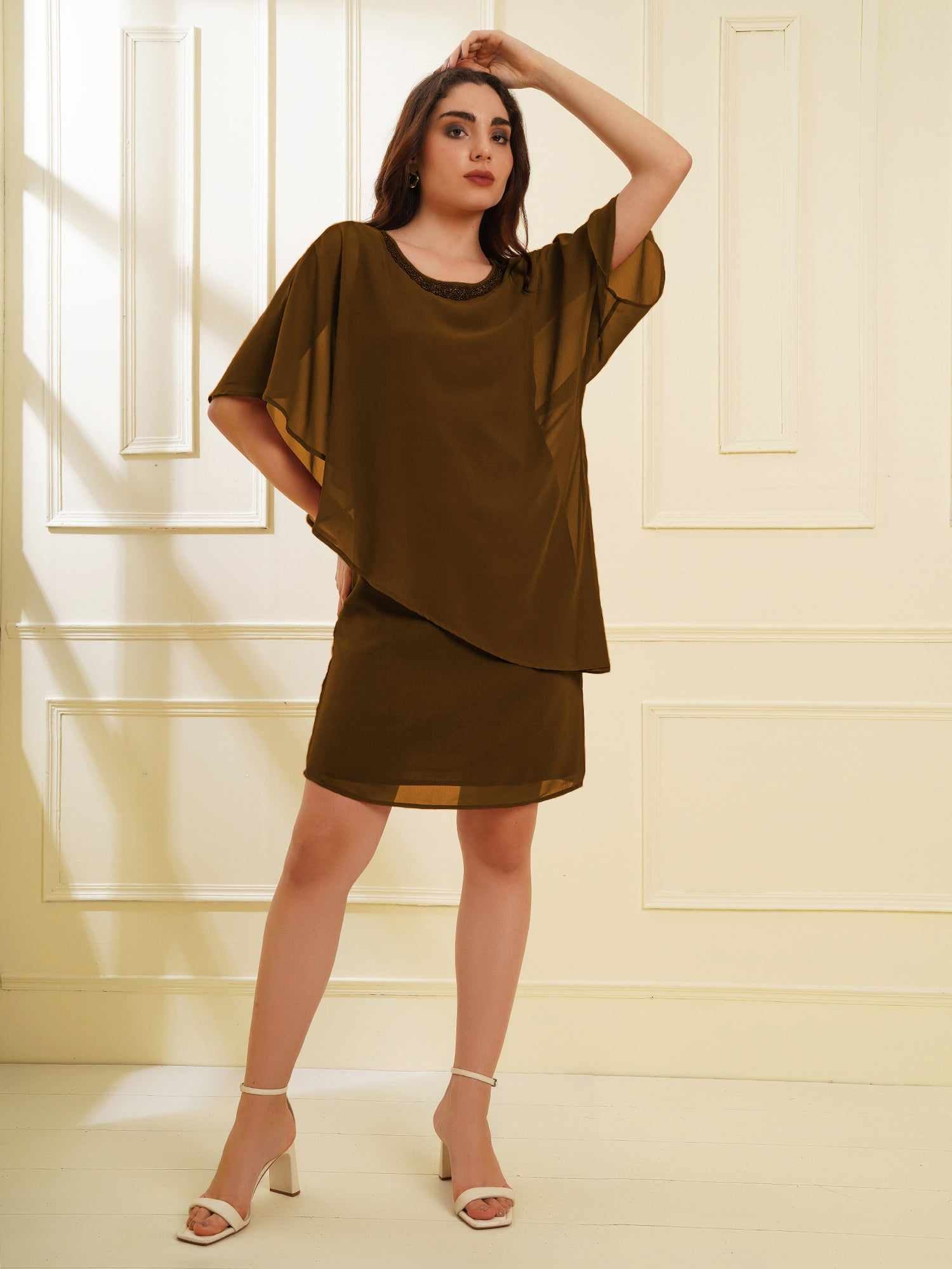 popover olive dress with neck embellishment