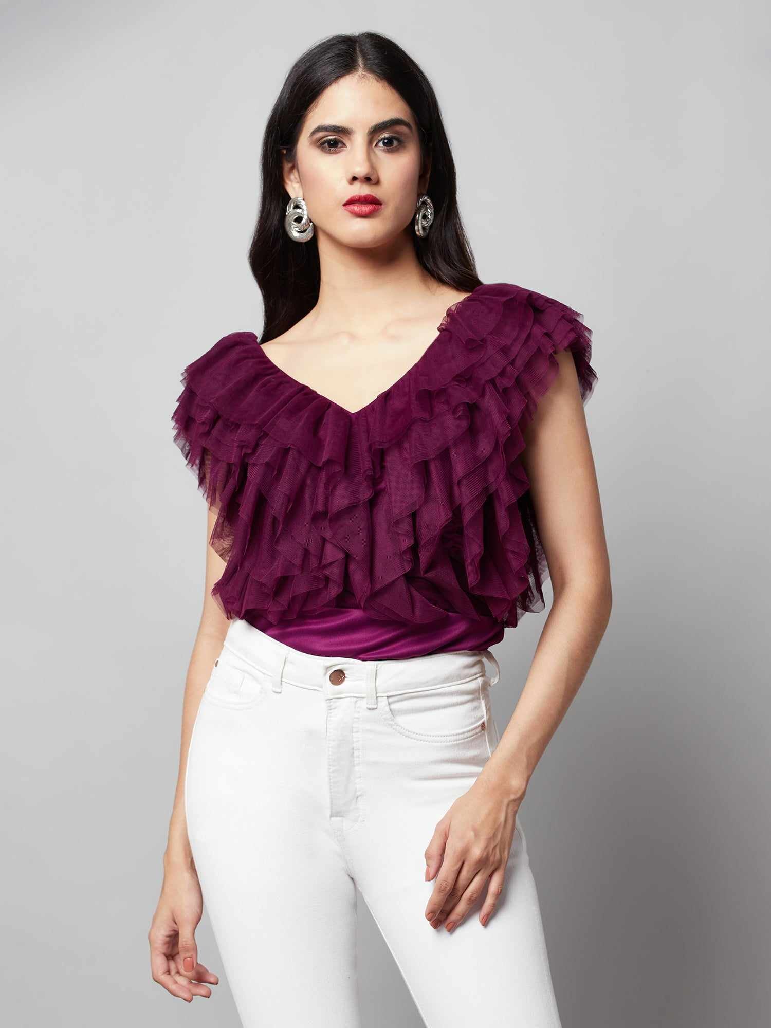 vacay multi layer wine ruffle bodysuit