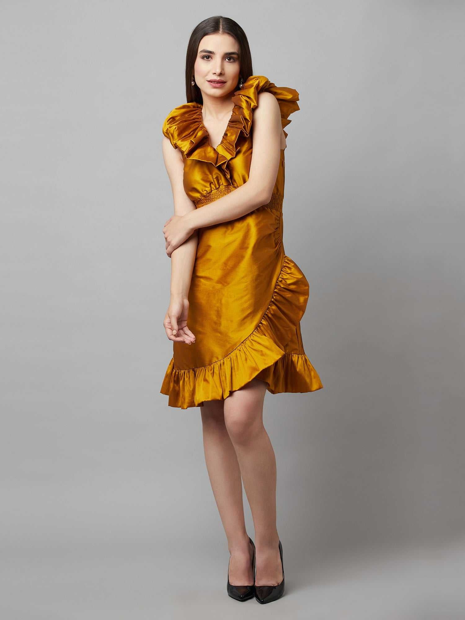 flouncy wrap mustard dress