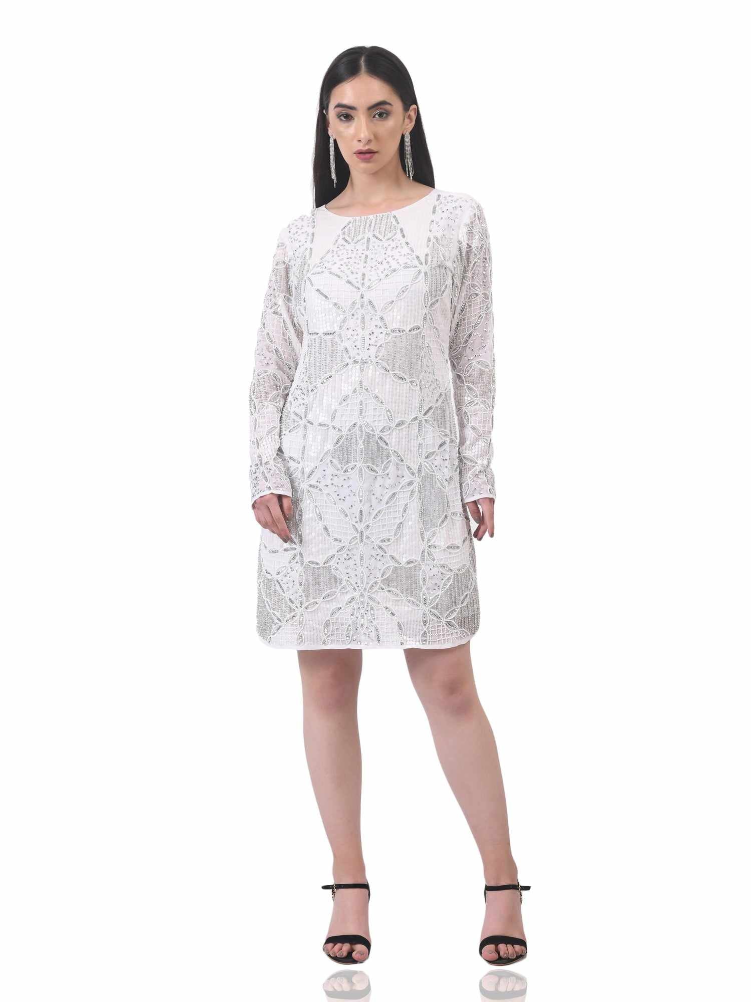 white full sleeve embellished dress