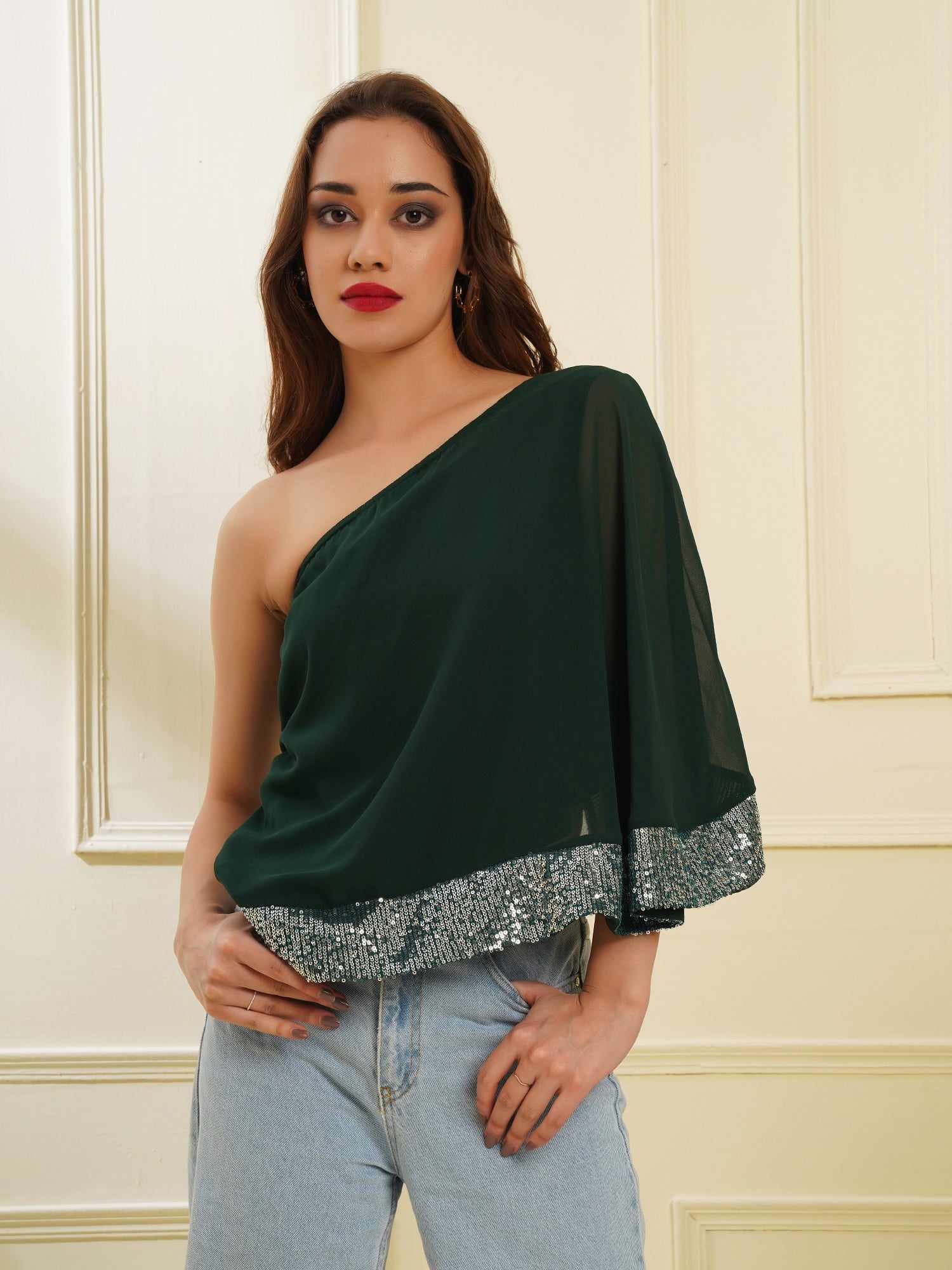 one shoulder cape green top