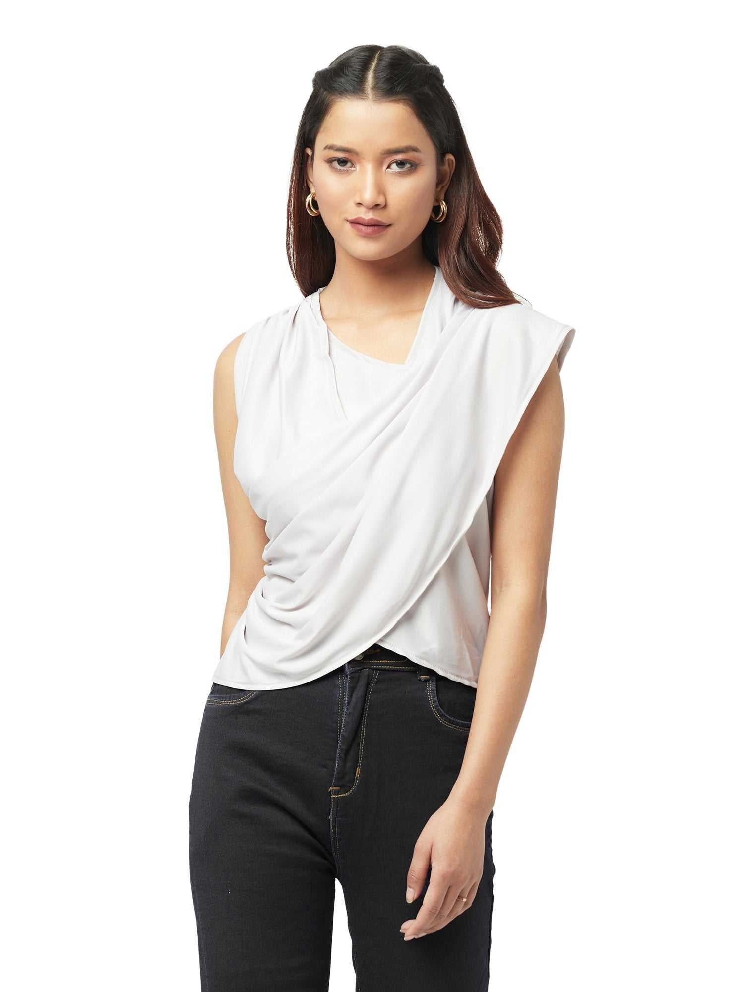 asymmetrical draped nude top