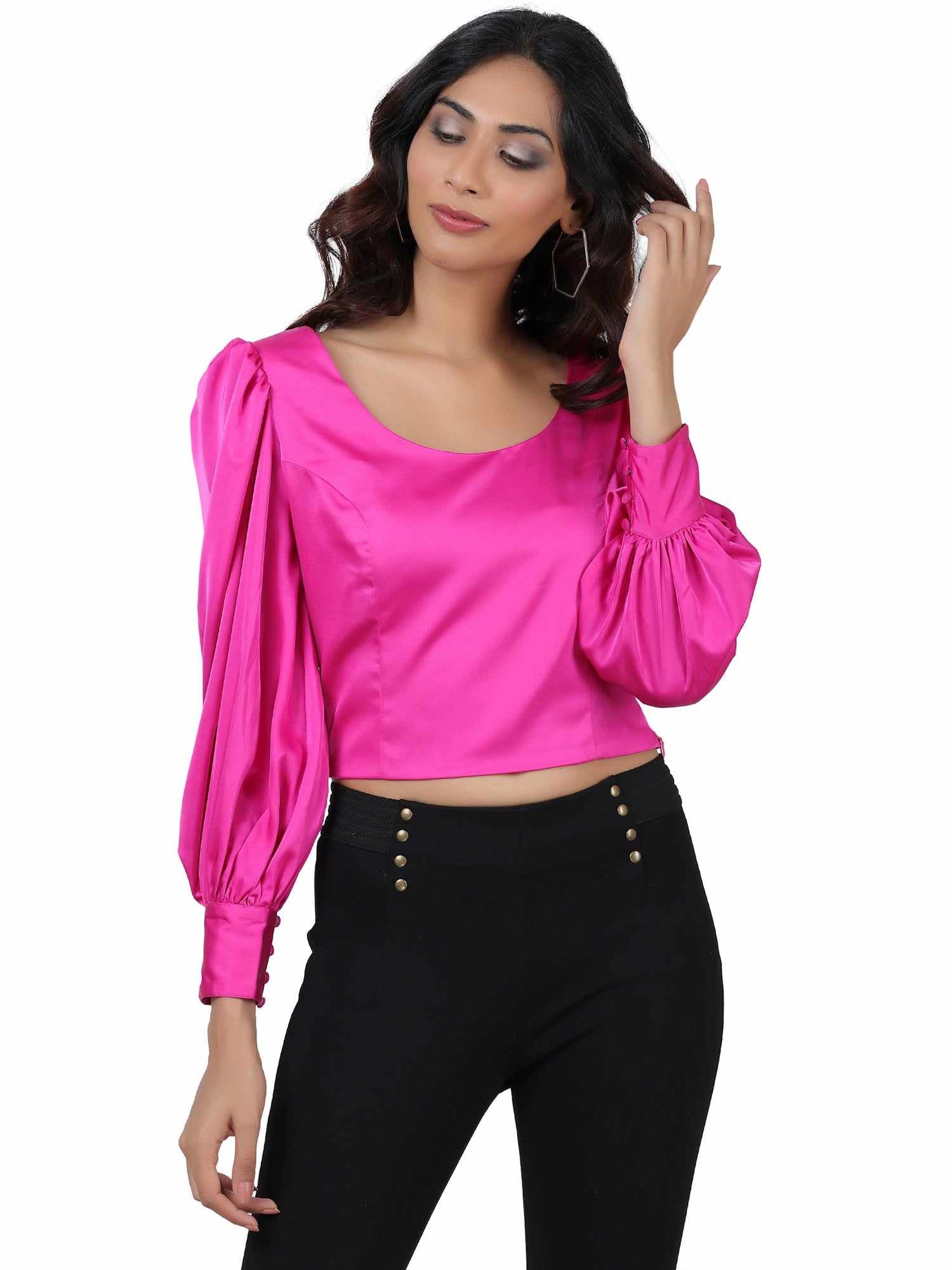 silky pink floyd blouson sleeve cropped blouse