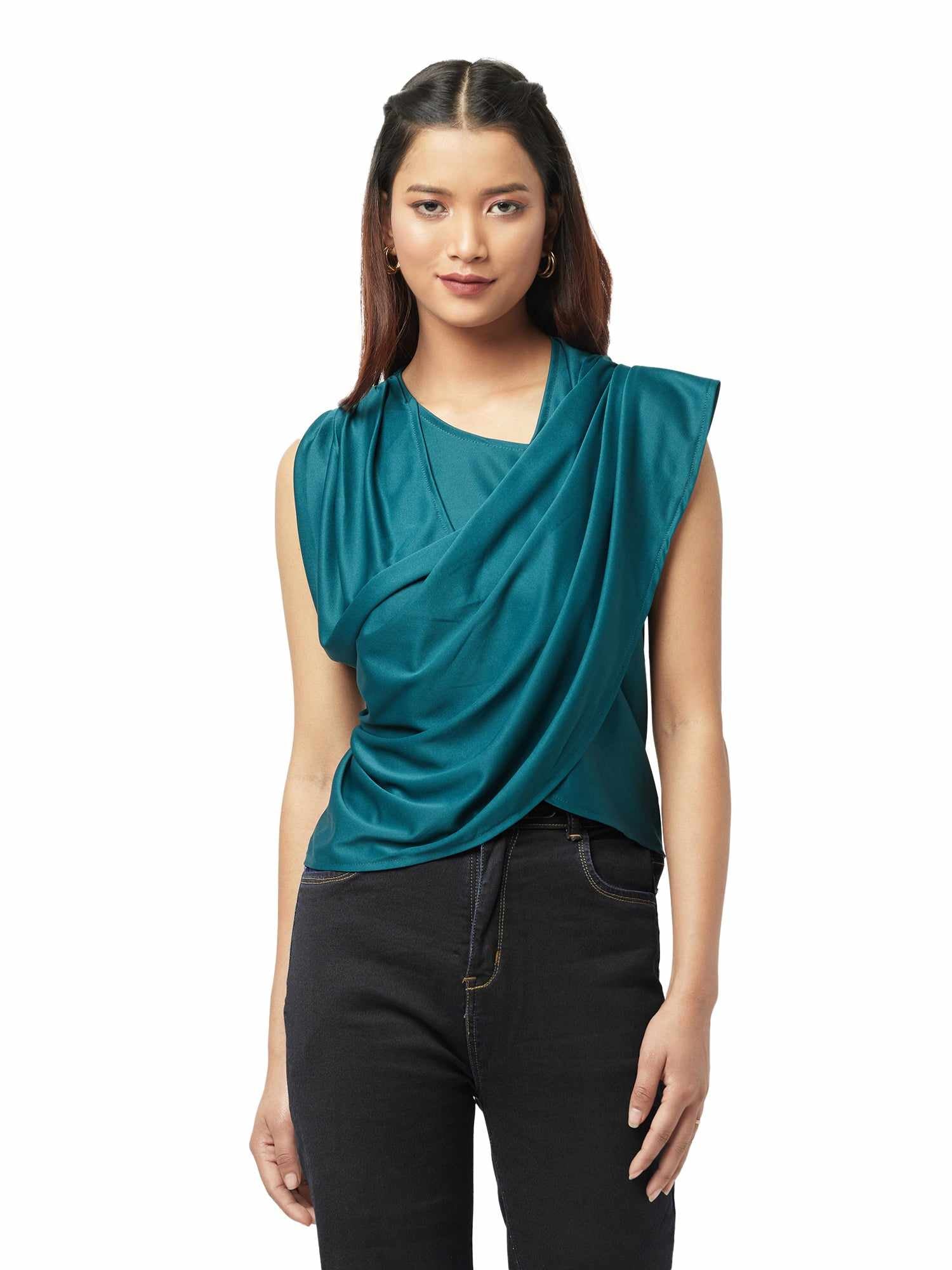 asymmetrical draped turquoise top