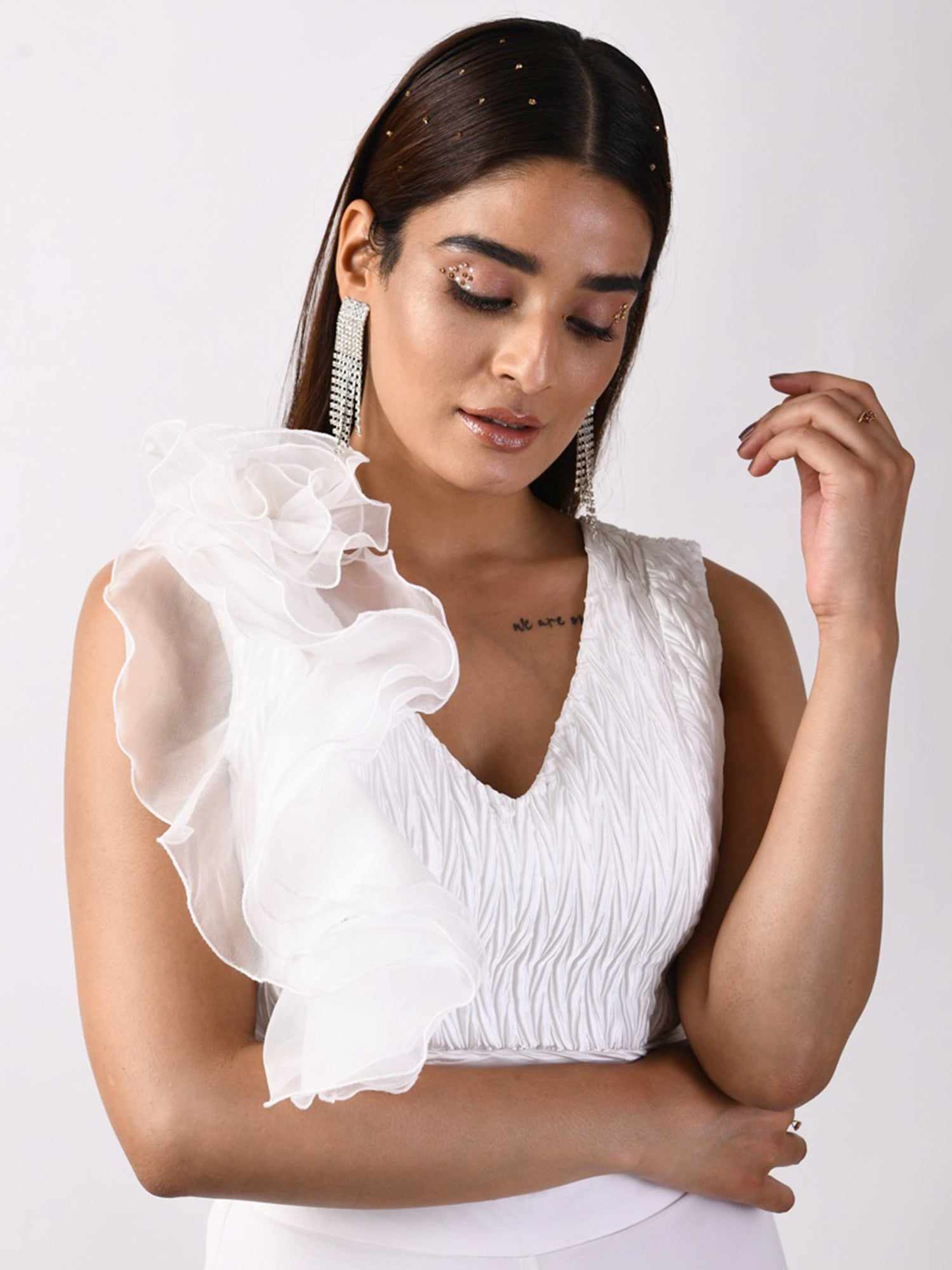 one shoulder ruffles white top