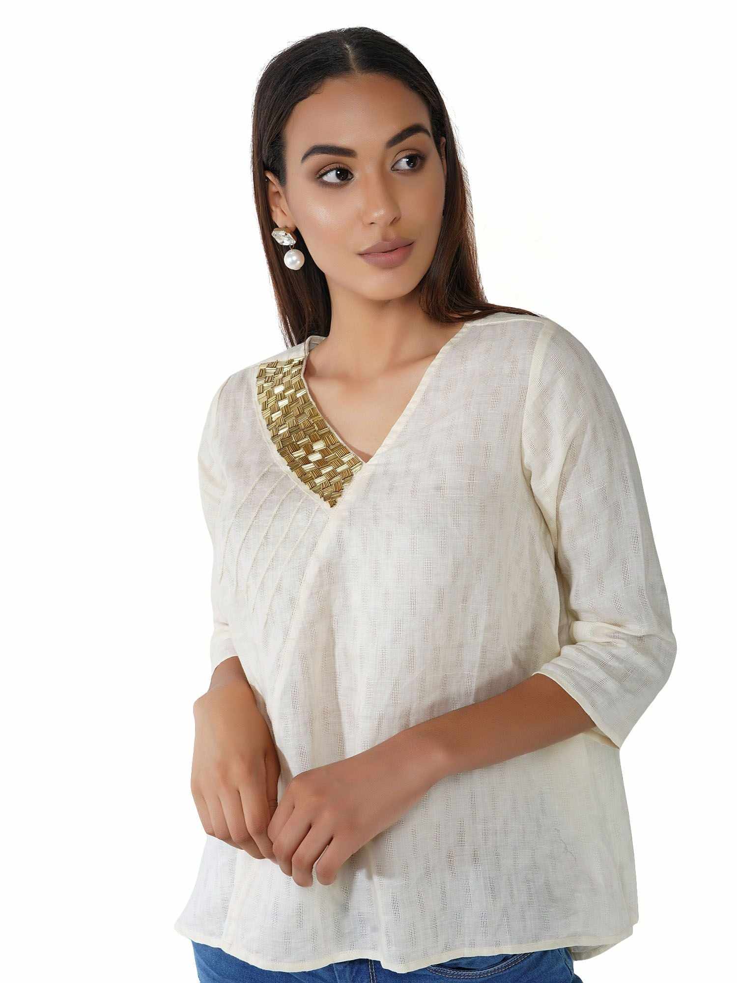 bugle beaded neck linen top  