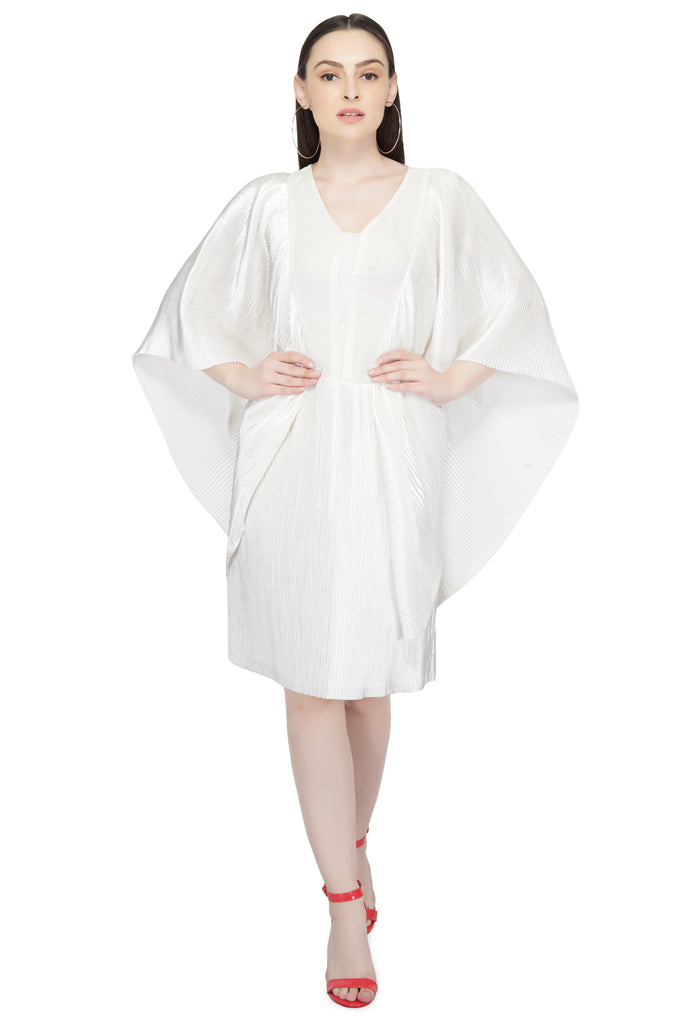 flutter sleeve pleated white satin dress