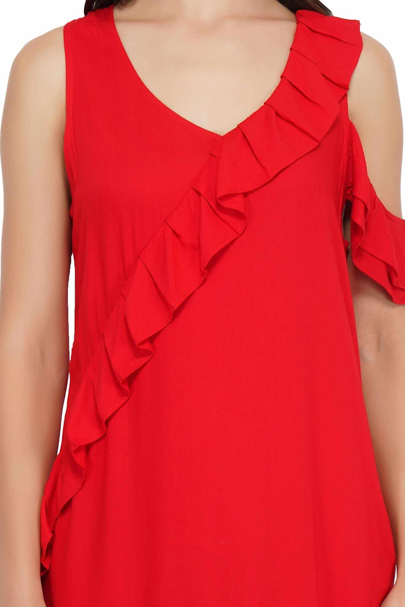 pleated ruffle red midi dress