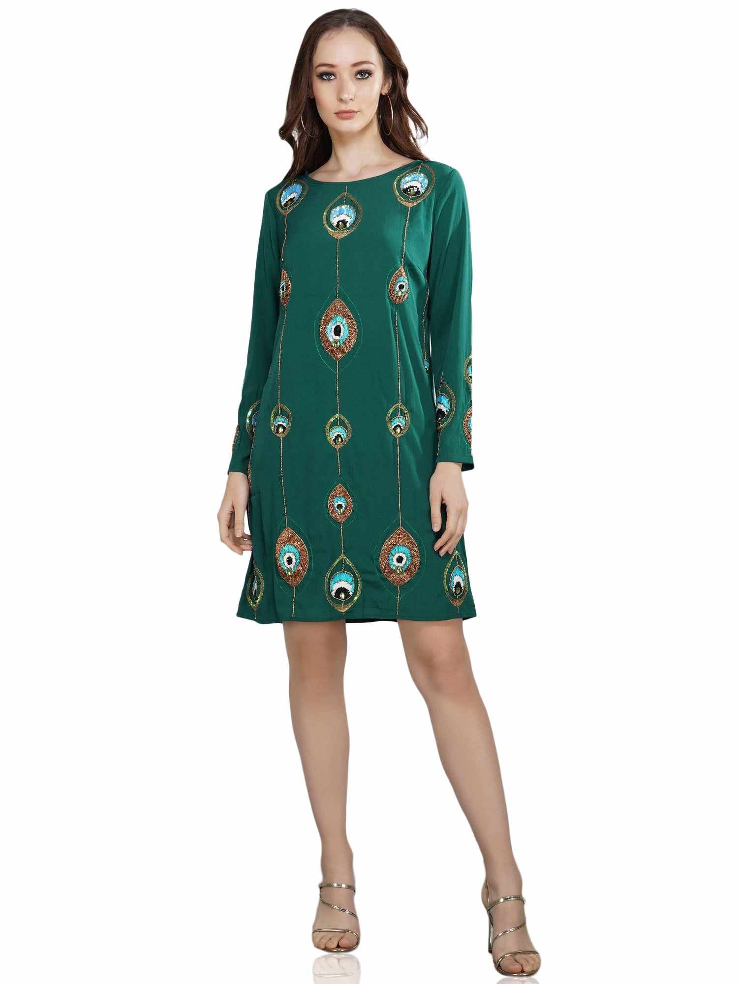 peacock feather embroidered dress