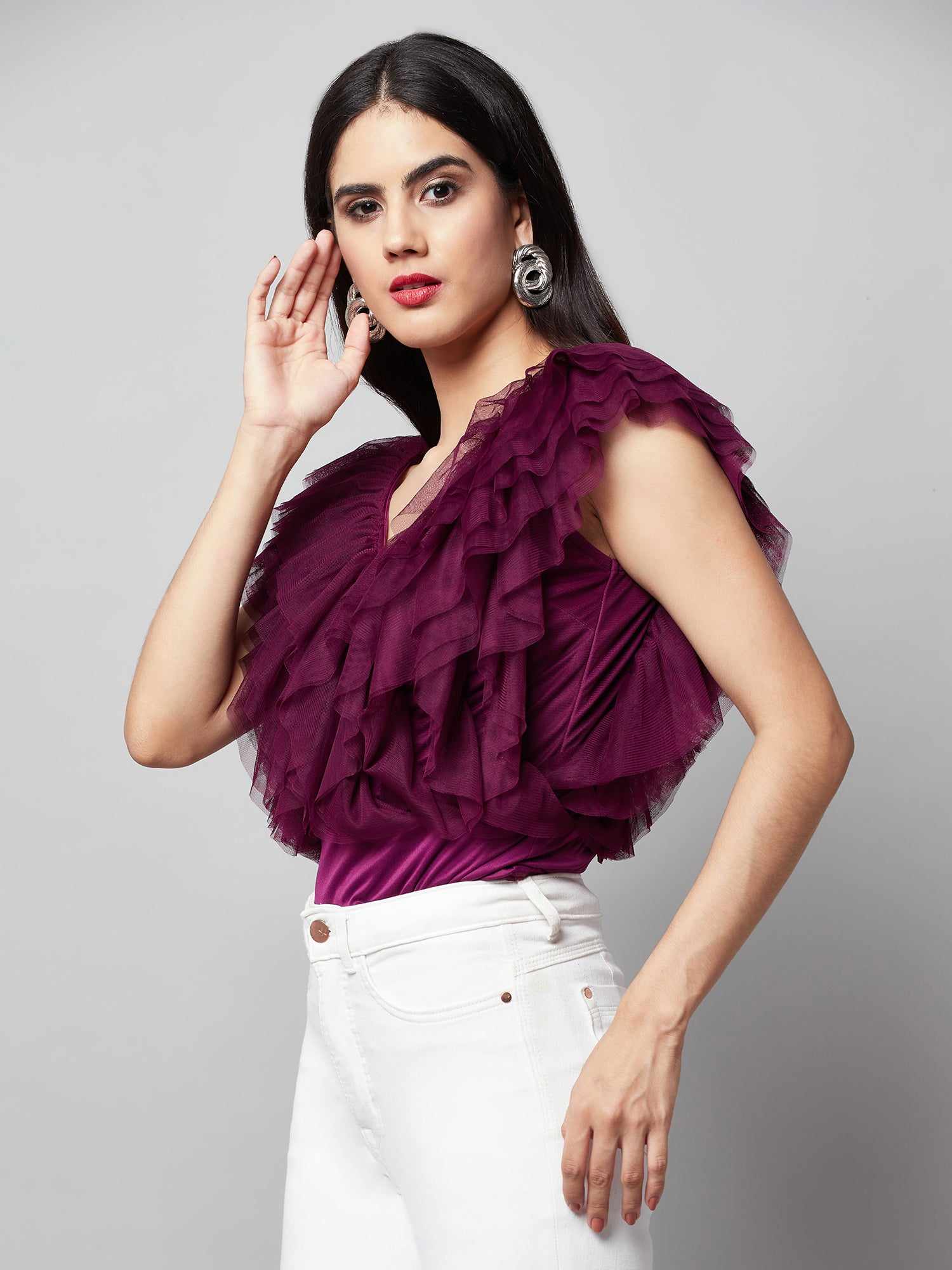 vacay multi layer wine ruffle bodysuit