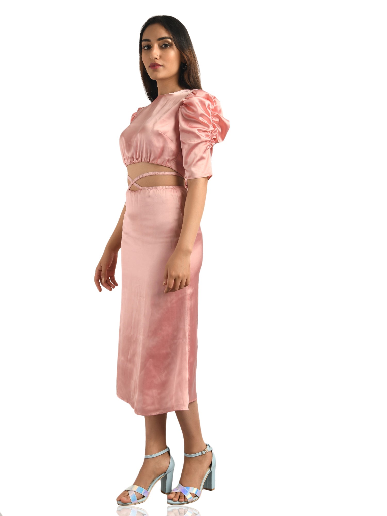 pink backless tie with detail fishtail hem cord set