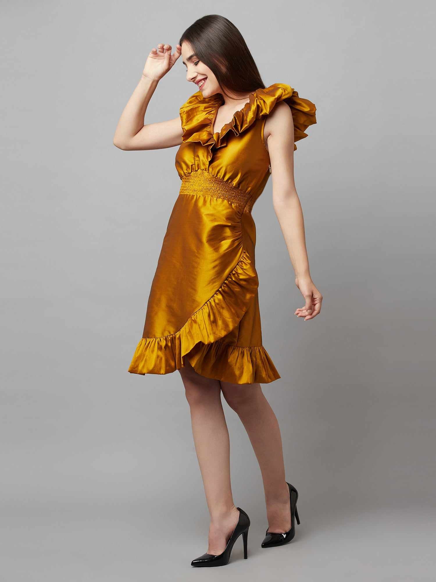 flouncy wrap mustard dress