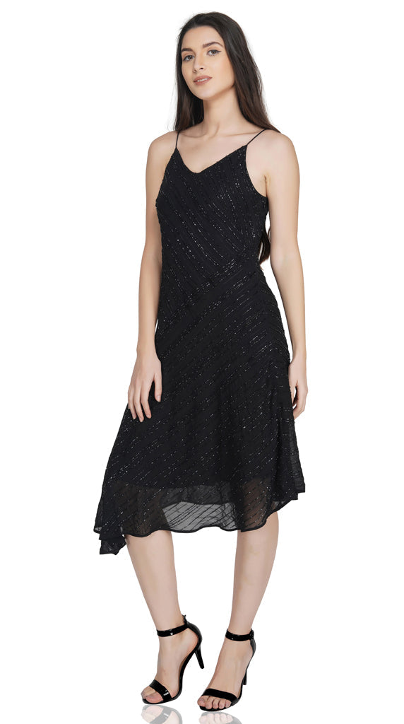 black embellished bias cut dress