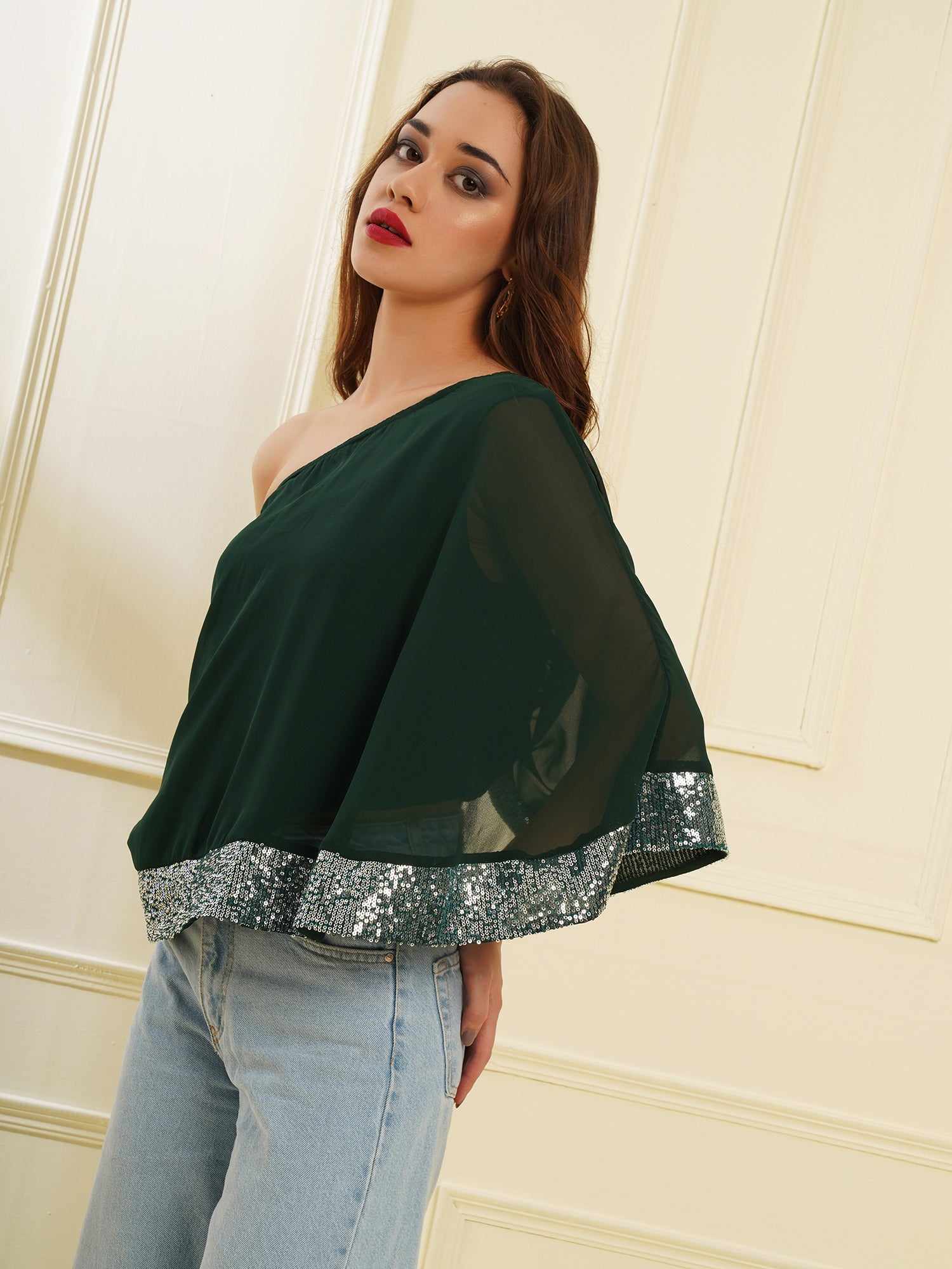 one shoulder cape green top