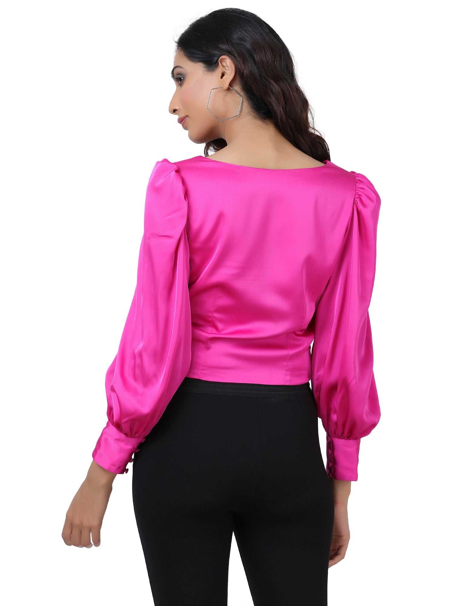 silky pink floyd blouson sleeve cropped blouse