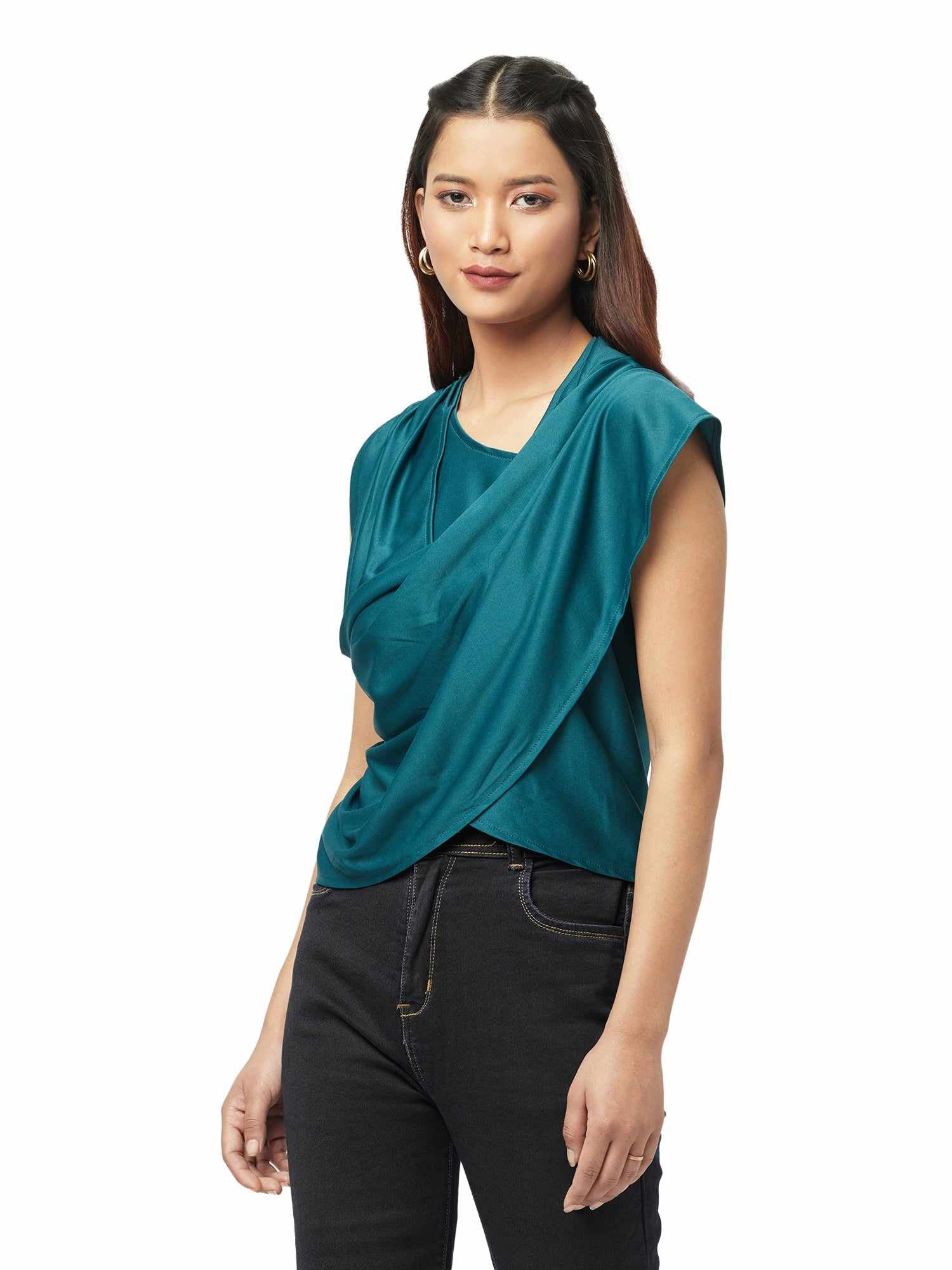 asymmetrical draped turquoise top