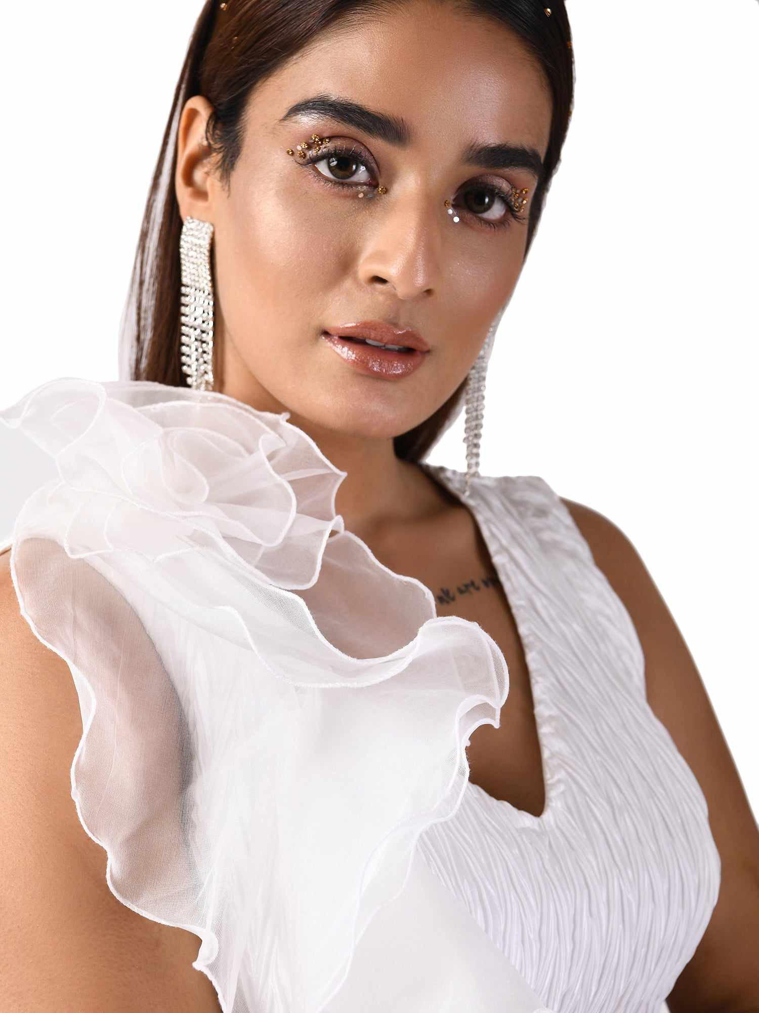 one shoulder ruffles white top