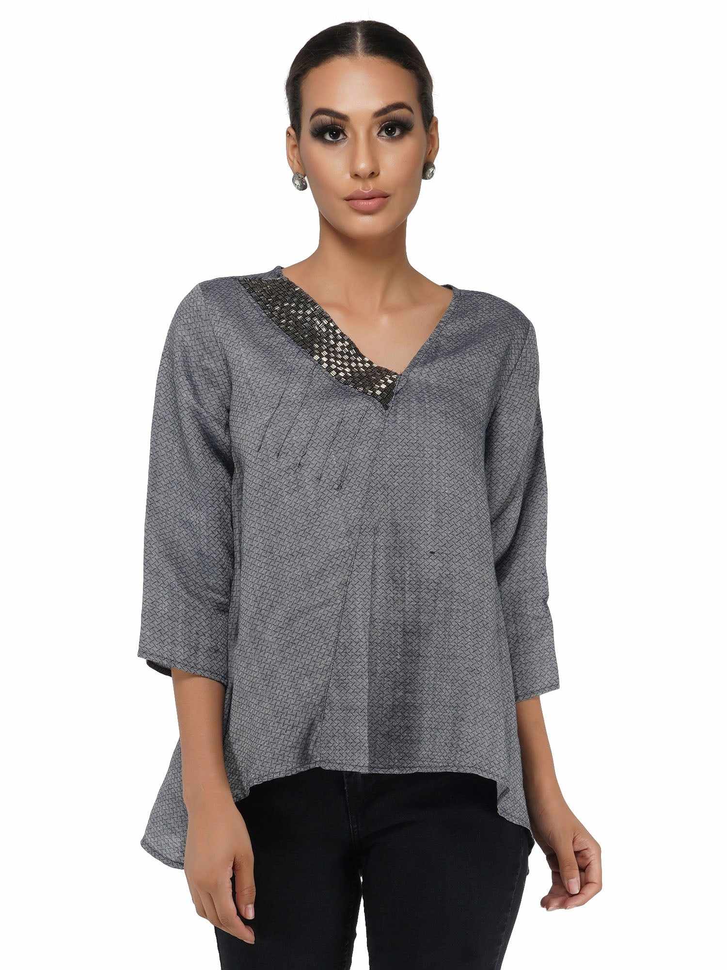 bugle beaded neck linen top