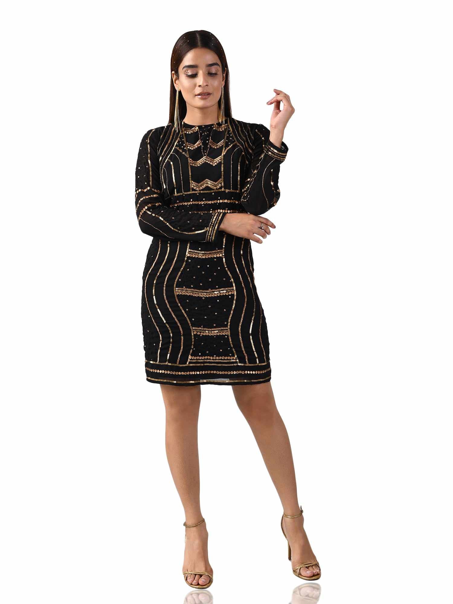 AUSIJA Women A-line Black, Gold Dress - Buy AUSIJA Women A-line Black, Gold  Dress Online at Best Prices in India | Flipkart.com