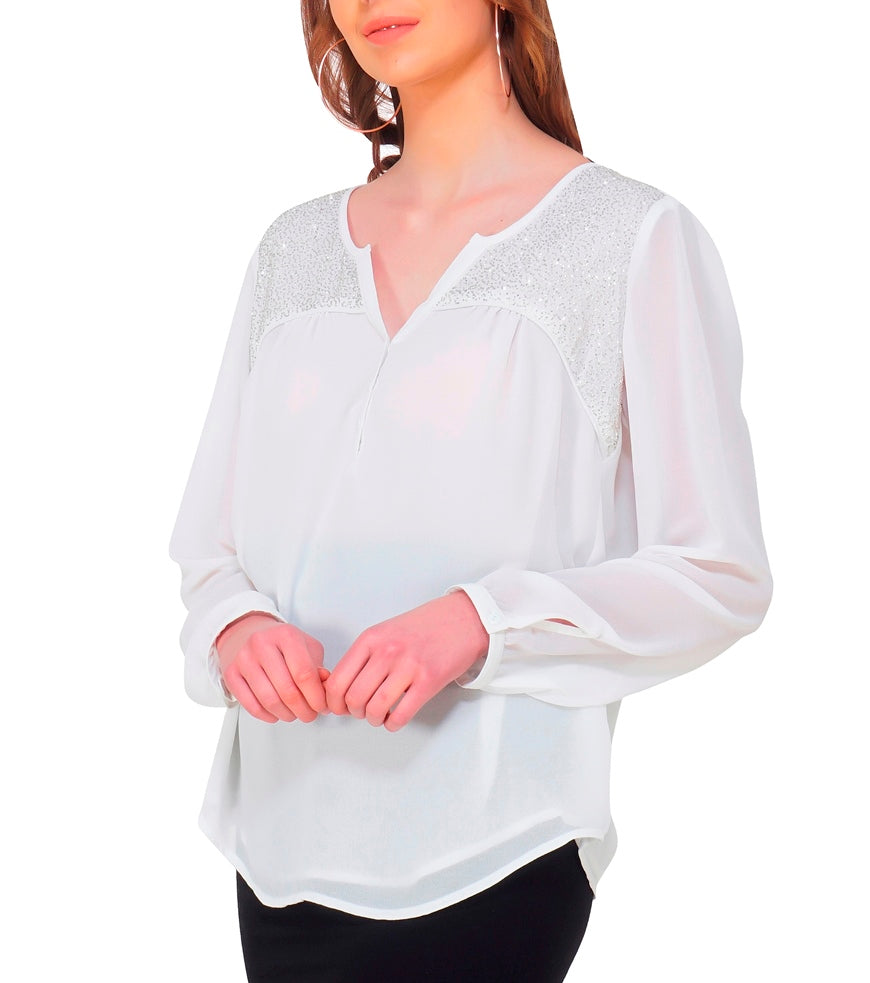 white top with beaded front yokes