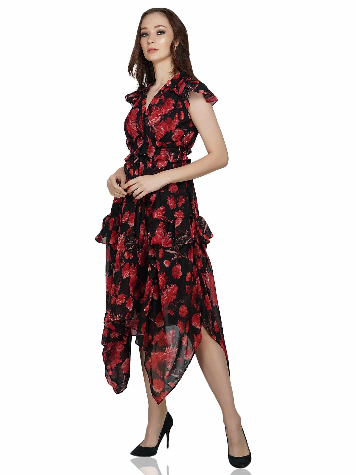 red black asymmetrical wrap dress