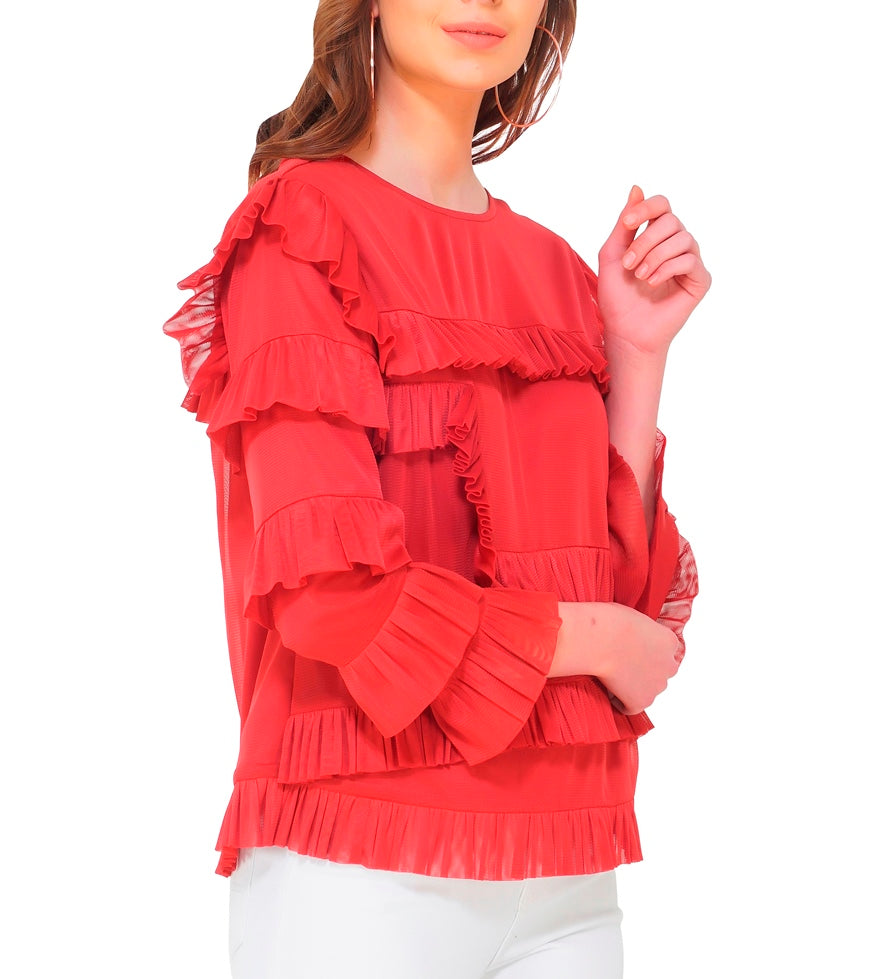 red tulle ruffle top