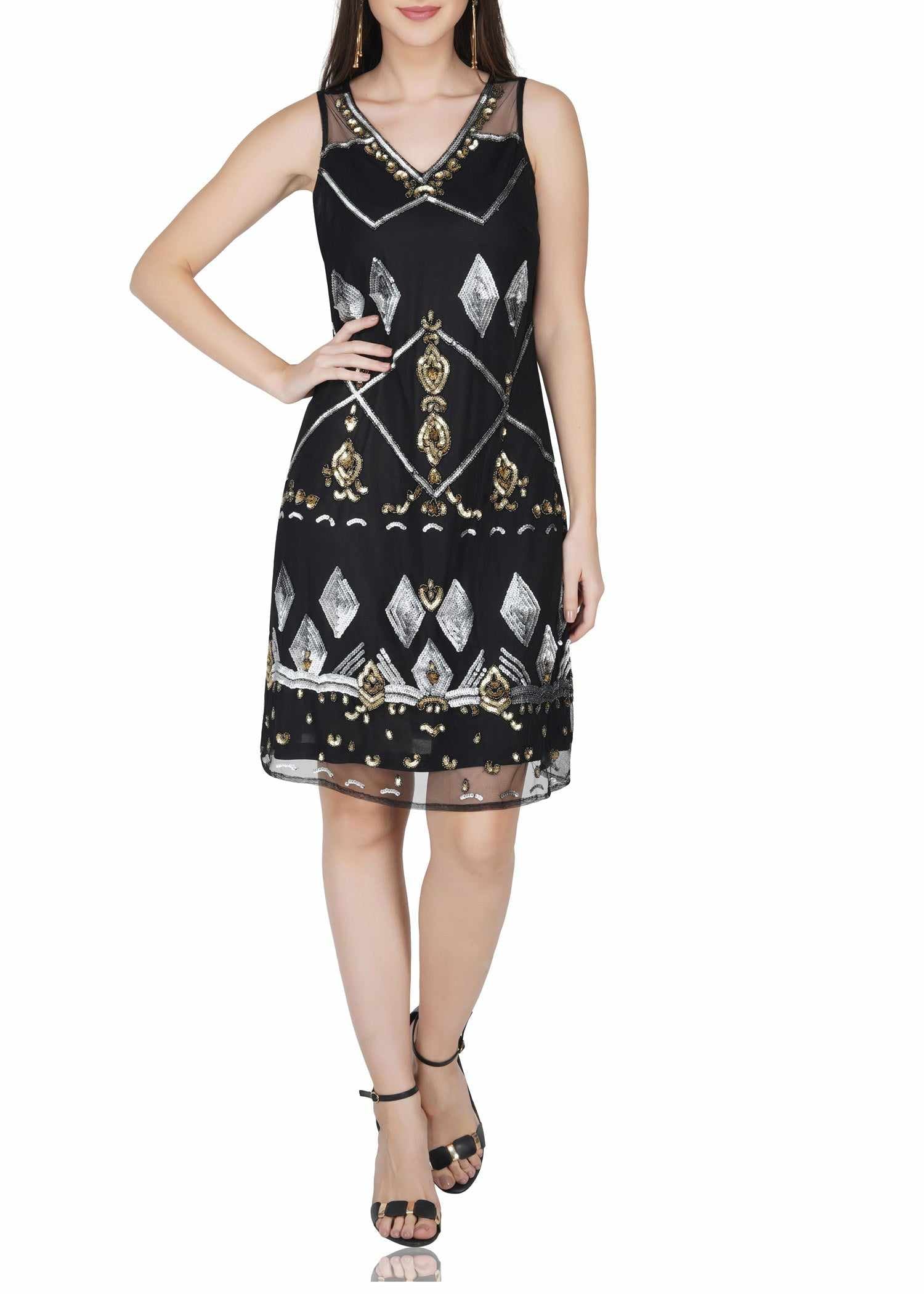 geometric sequin motifs tulle dress